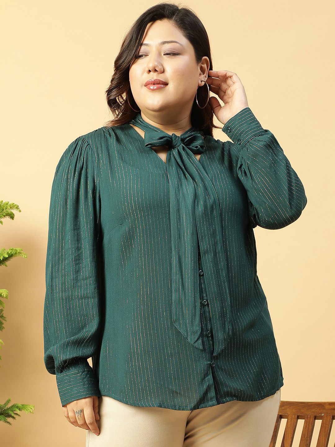 

Oxolloxo Plus Size Solid Long Sleeve Tie-knot Belt Lurex Rayon Top, Green