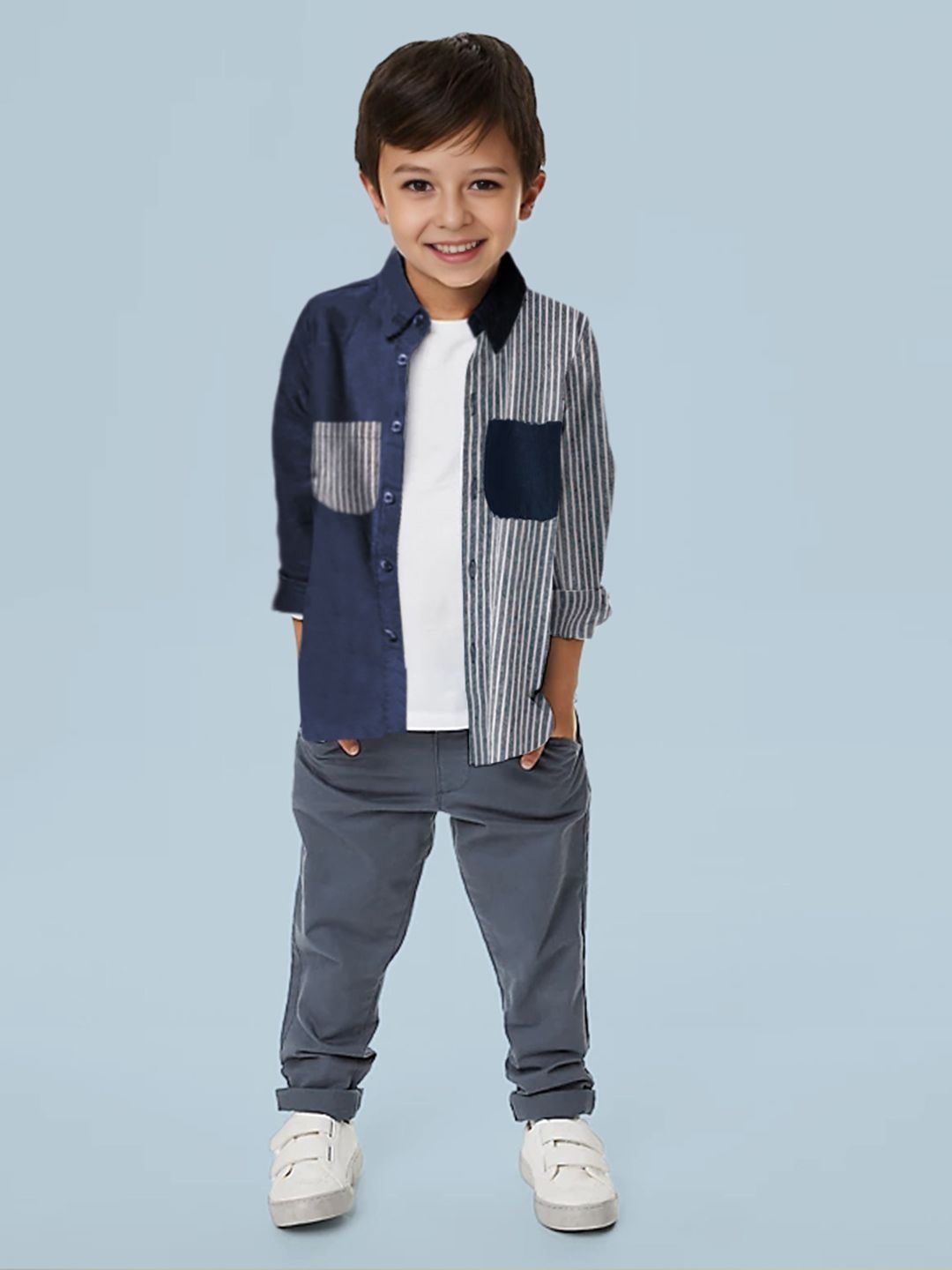 

INCLUD Boys Classic Fit Spread Collar Vertical Striped Cotton Casual Shirt, Navy blue