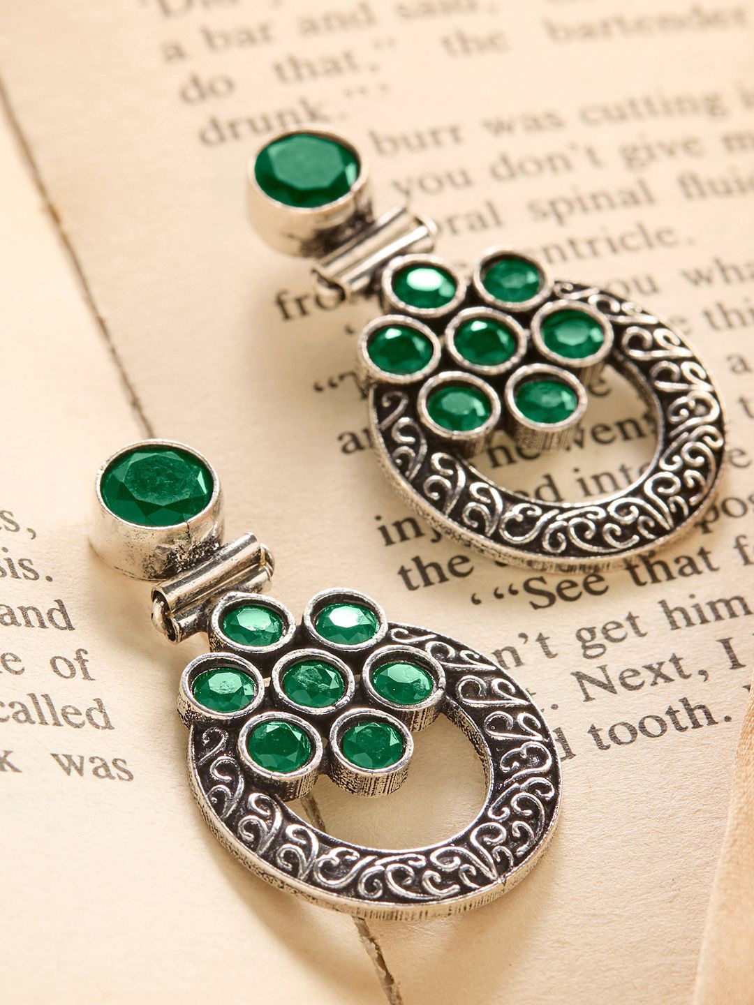 

Priyaasi Silver-Plated Emerald Stone Studded Contemporary Oxidised Drop Earrings