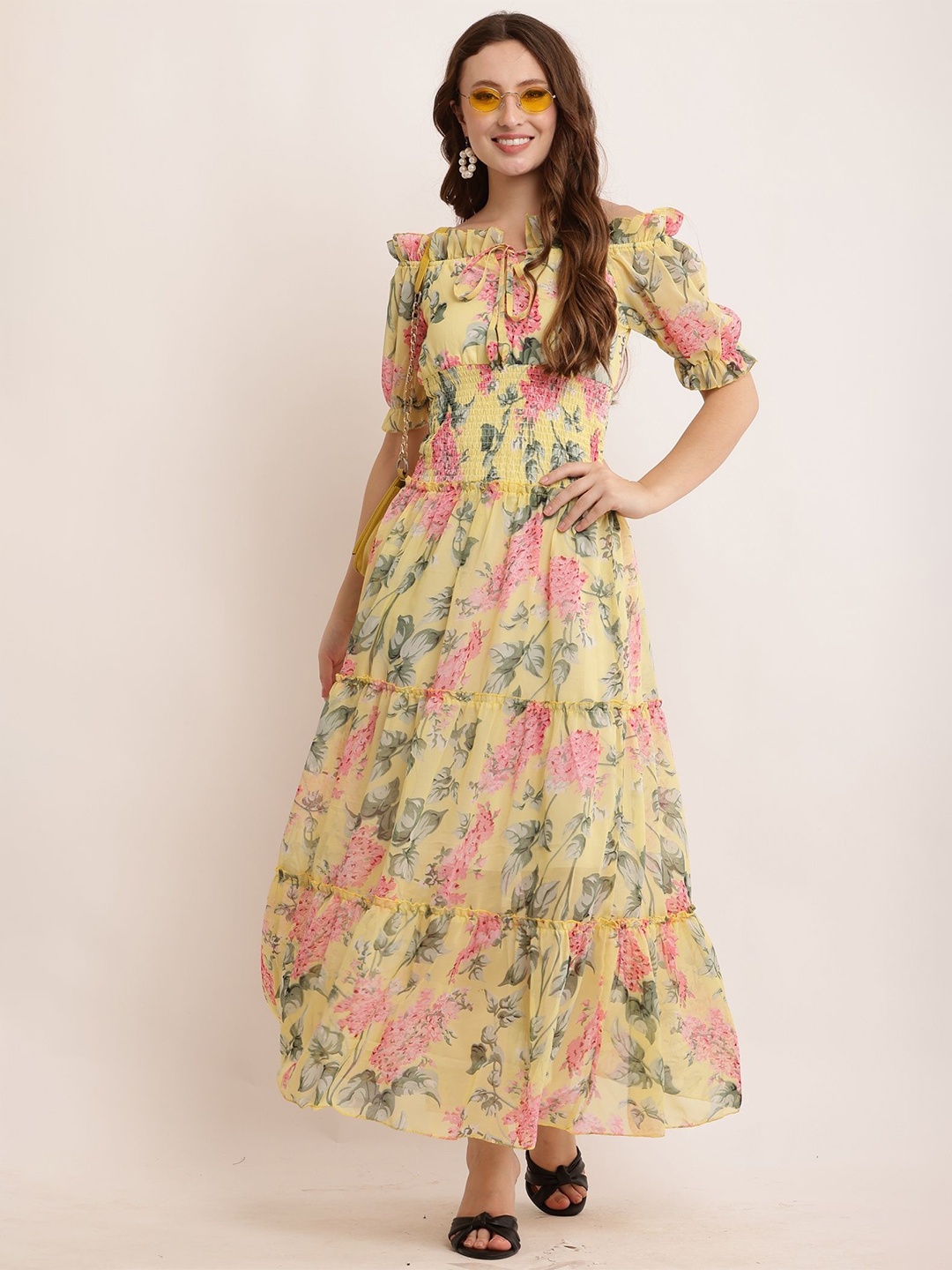 

Bright Nex Women Floral Printed Fit & Flare Maxi Dress, Yellow