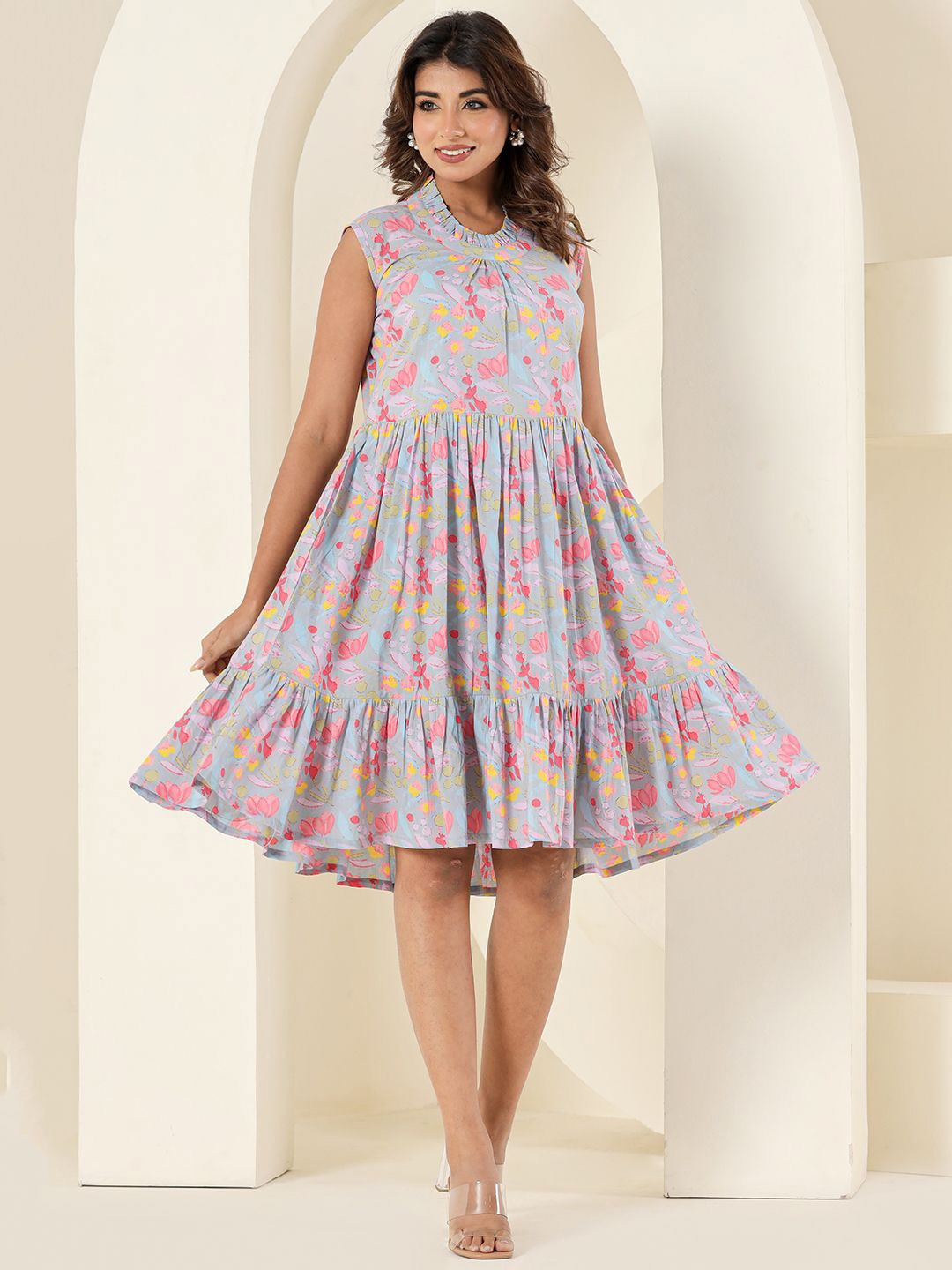 

Eco Clothing Women Cotton Floral Printed Sleeveless Fit & Flare Midi Dress, Grey
