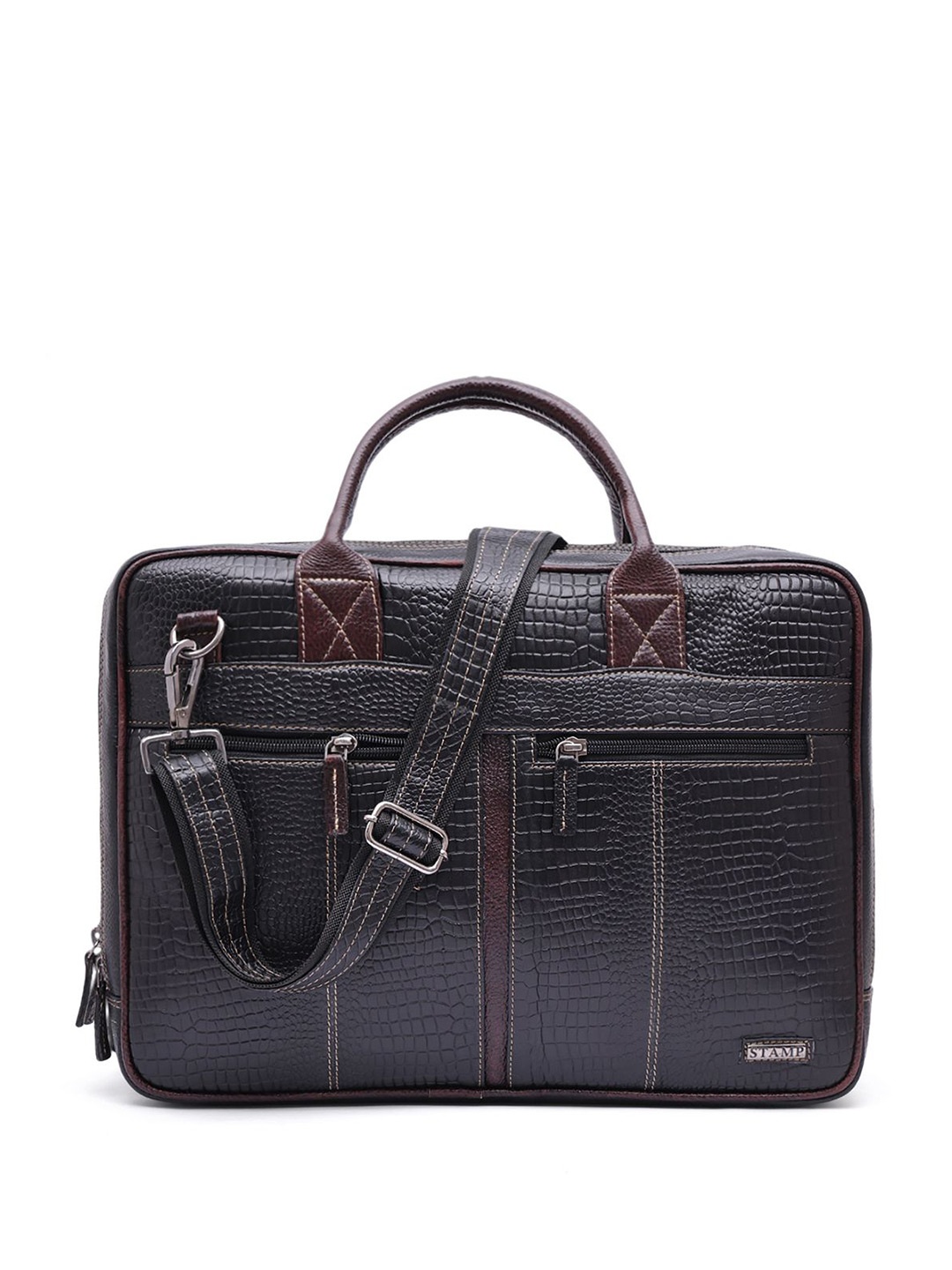 

Stamp Unisex Textured Leather Laptop Bag, Black