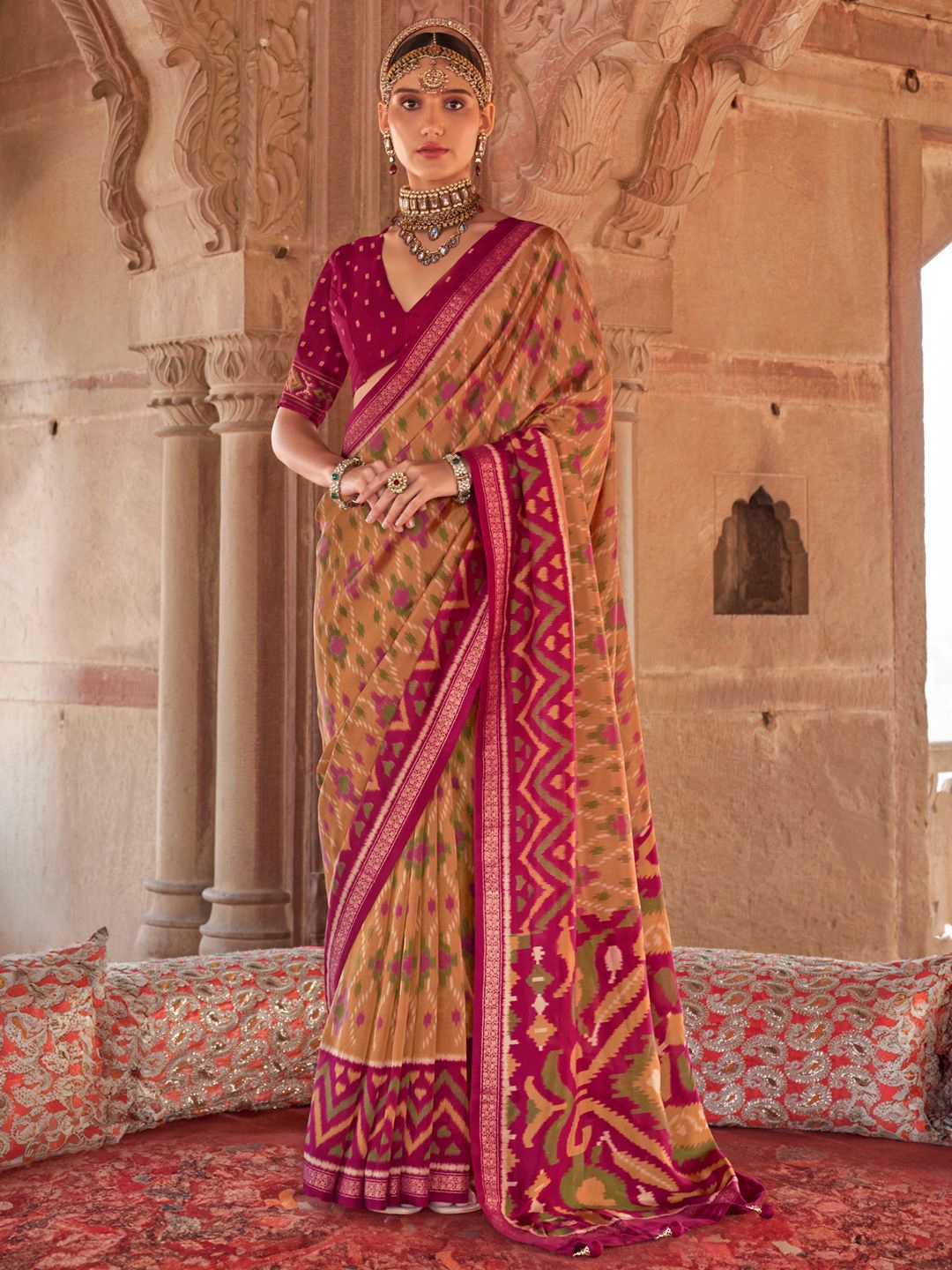 

Anouk Zari Silk Blend Patola Saree, Camel brown