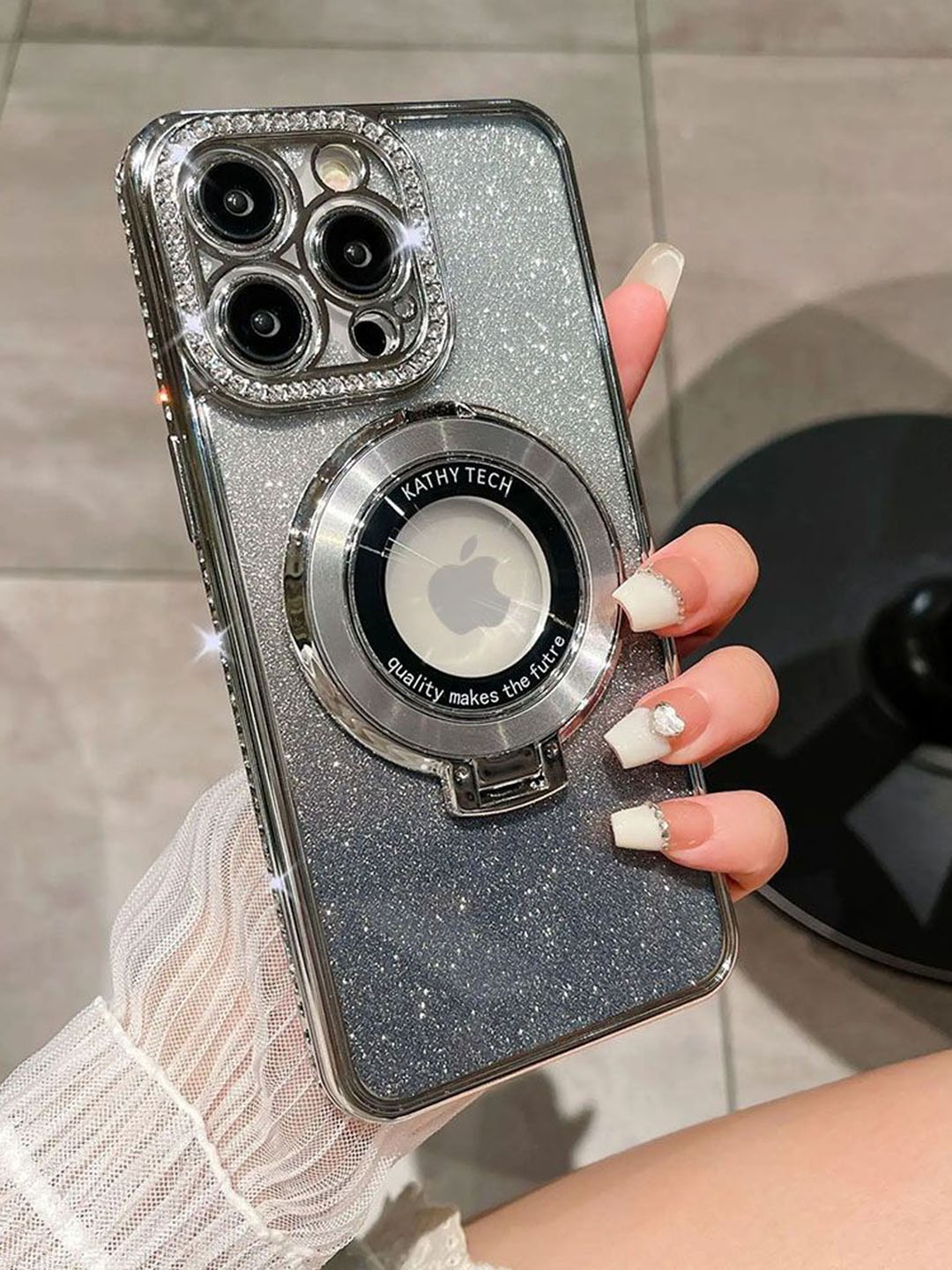 

Luxury Kase LK111 Glitter Diamond Bracket Magnetic Holder Stand iPhone 15 Pro Back Case, Silver