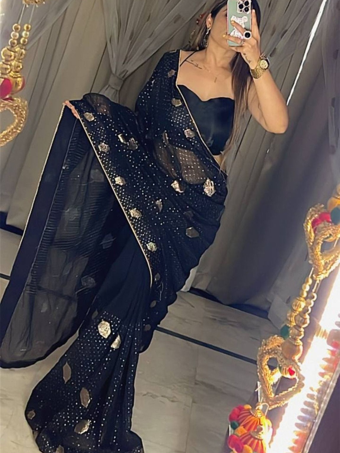 

Anouk Embroidered Sequinned Saree, Black