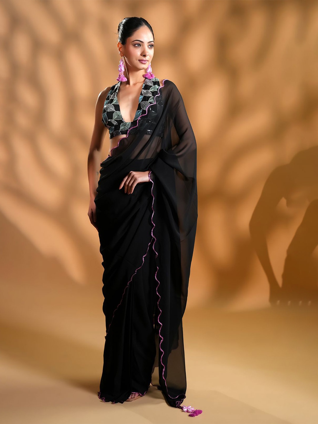 

HANDME Gorgeous Black Ready To Wear Saree With Embroidered Blouse Fabric and Tassels