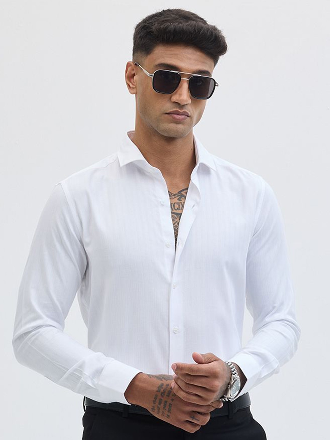 

Snitch Men Classic Slim Fit Spread Collar Textured Cotton Formal Shirt, White