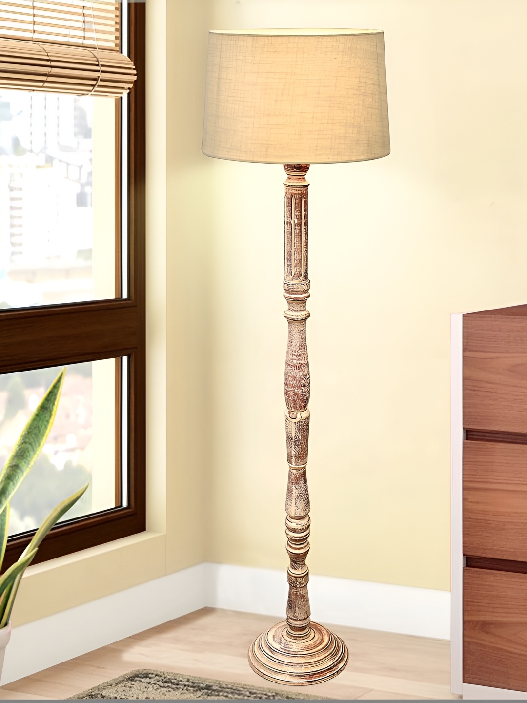 

Homesake Beige & Brown Frustum Shaped Wooden Floor Lamp