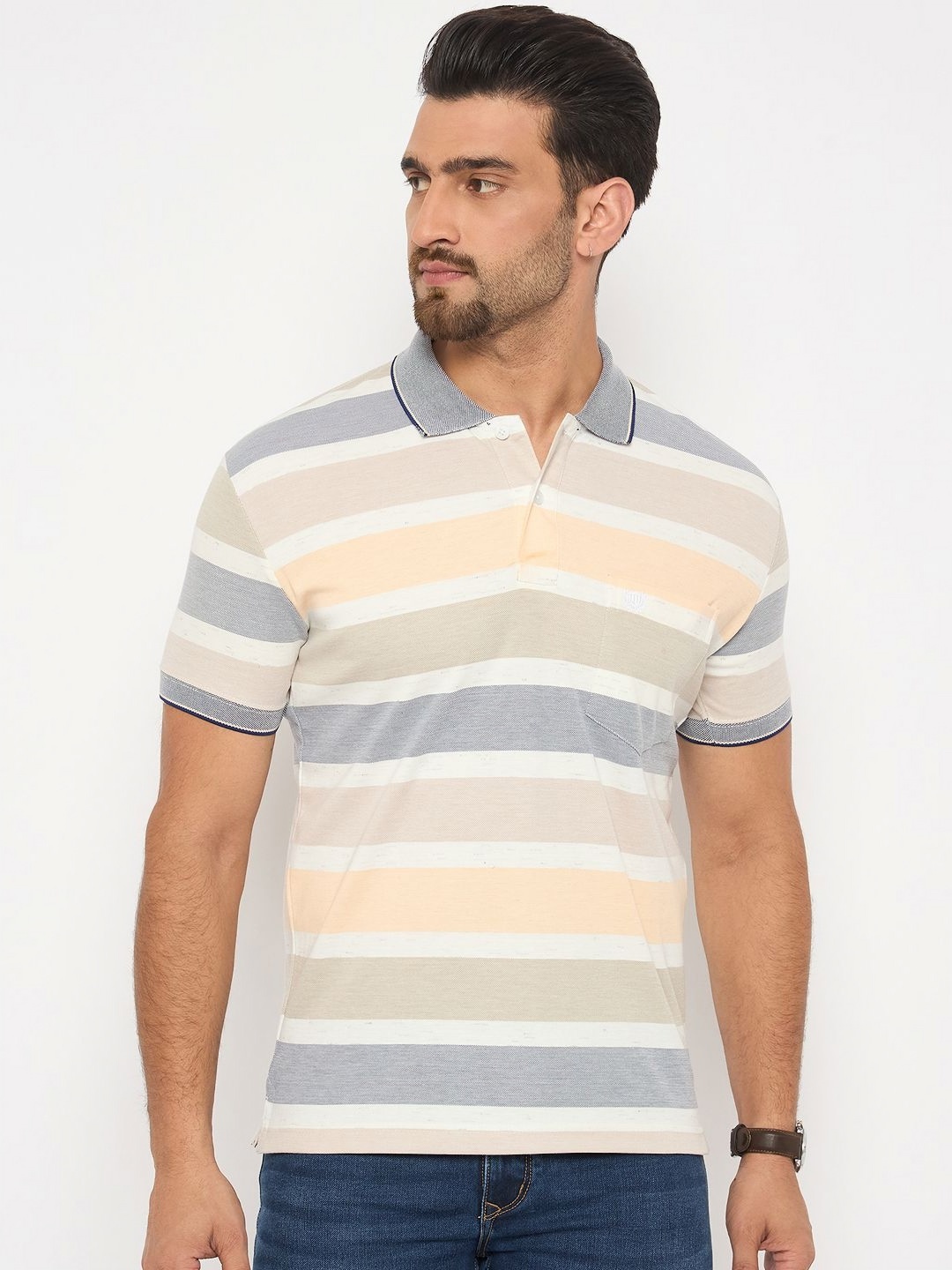 

Duke Men Striped Polo Collar Cotton T-shirt, White