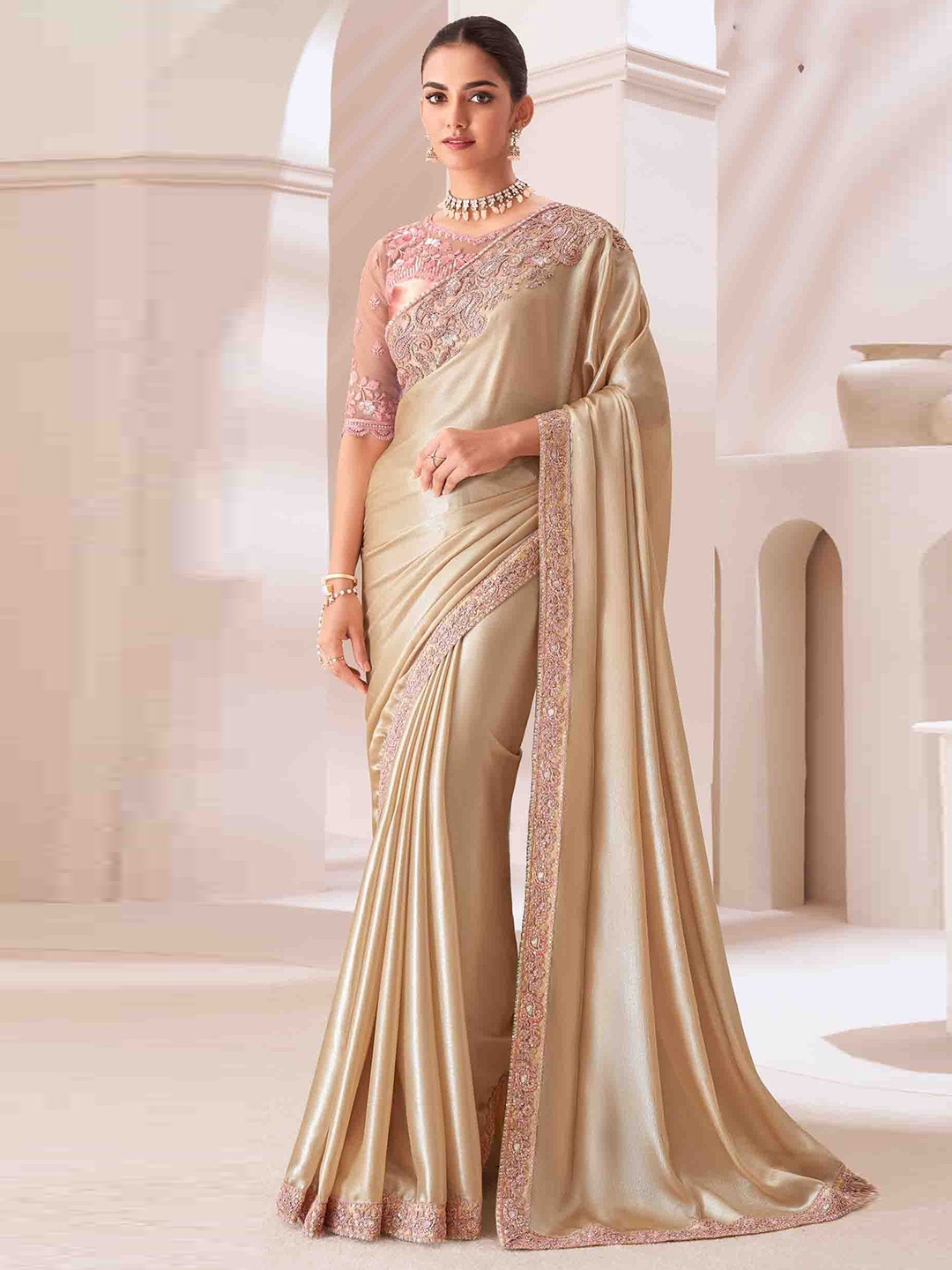 

KIMISHA Embellished Embroidered Pure Georgette Saree, Khaki