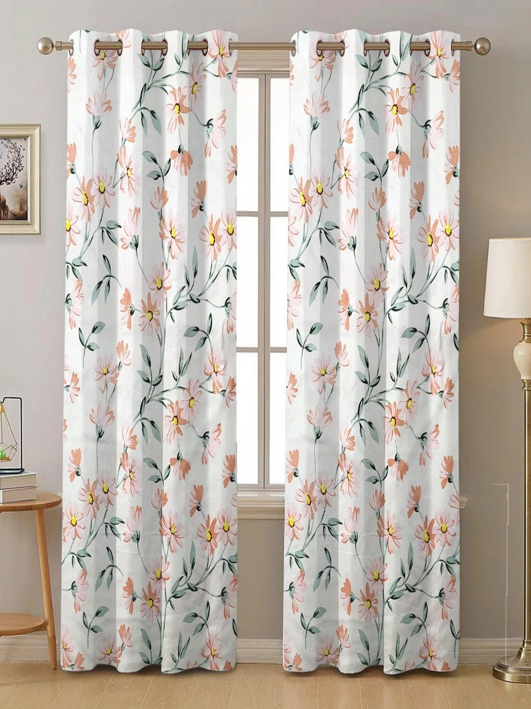 

ANA White & Pink Set of 2 Floral Room Darkening Door Curtain