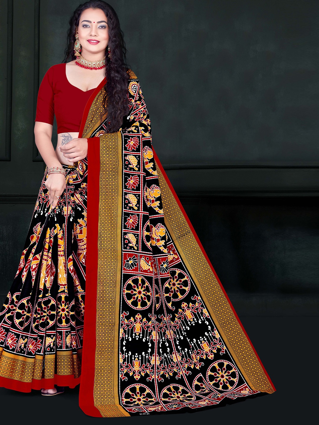 

pasapalli Ethnic Motifs Pure Cotton Sambalpuri Saree, Black