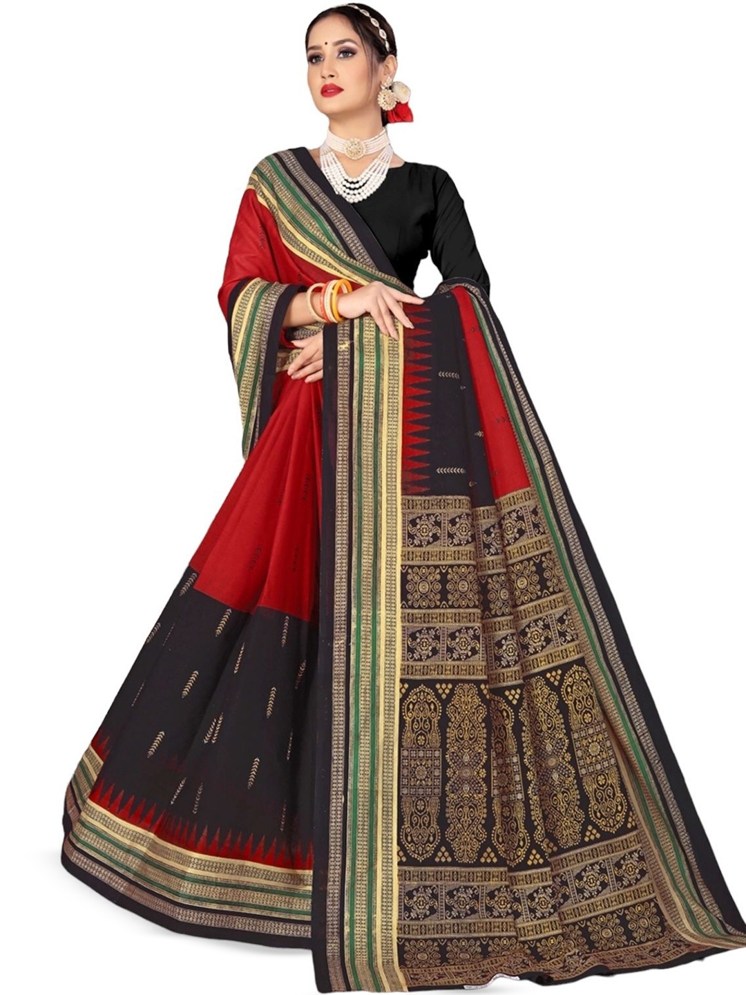 

pasapalli Floral Pure Cotton Sambalpuri Saree, Red