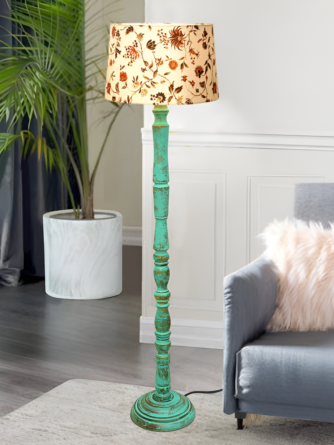

Homesake Rose & Blue Printed Cylinder Shaped Wooden Floor Lamp