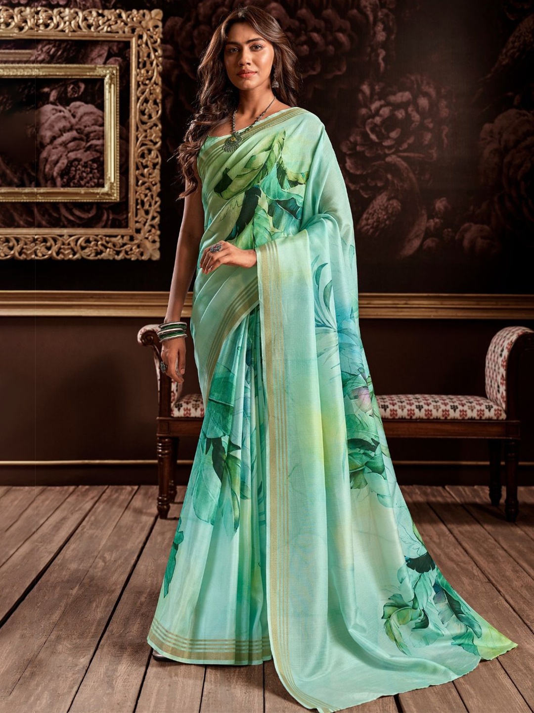 

DEVATITHI Floral Satin Saree, Green
