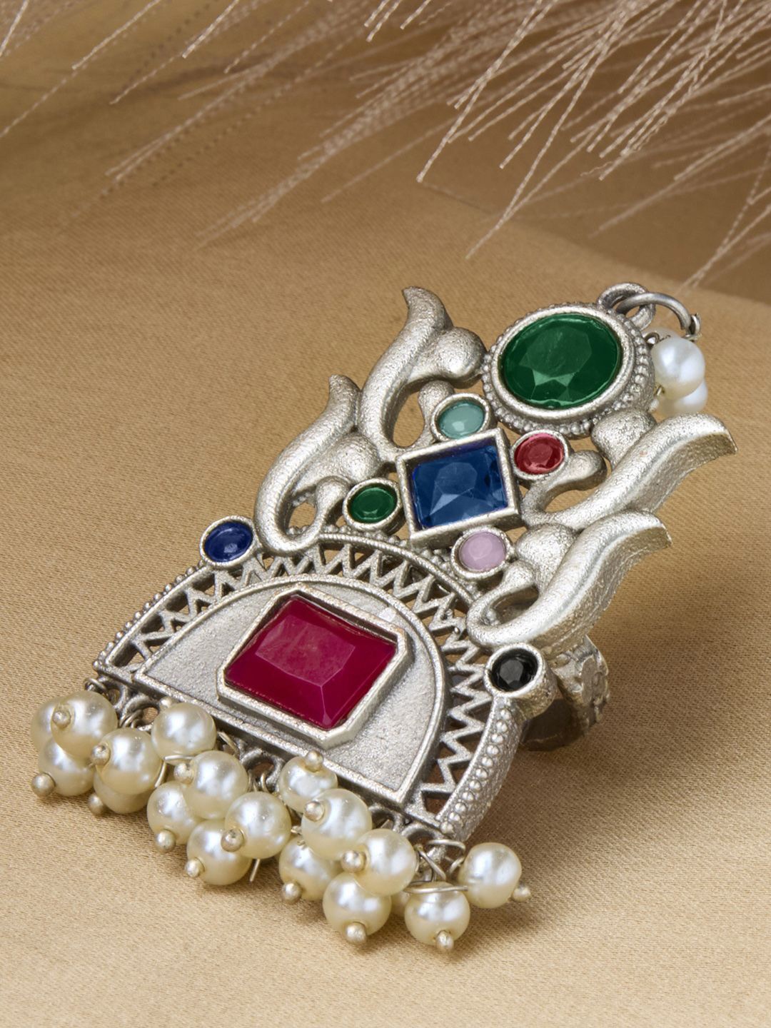 

Priyaasi Silver-Plated Crystal Studded Oxidized Finger Ring