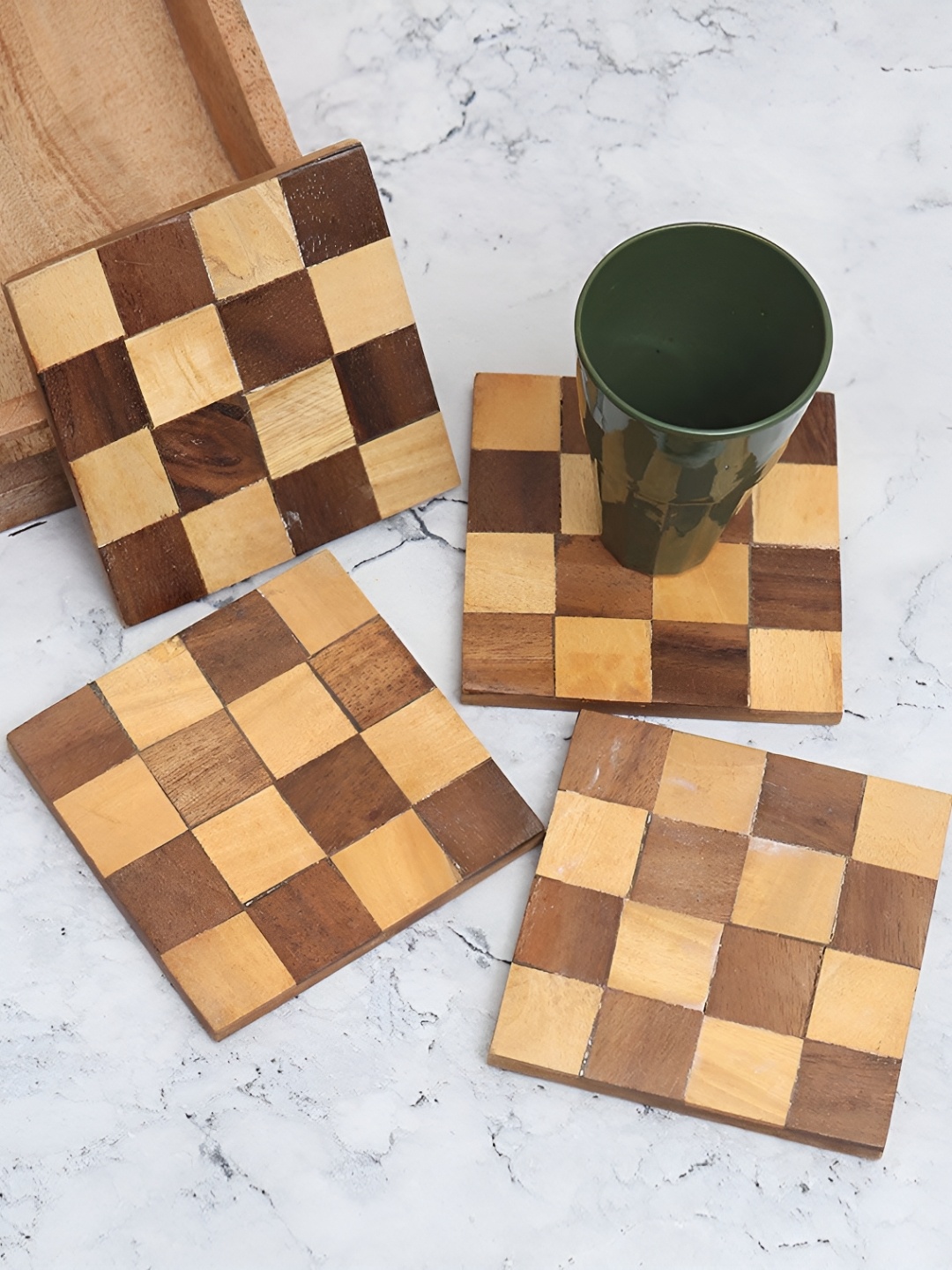 

Indianshelf 4-Pcs Brown & Beige Checked Wooden Dining Table Coasters