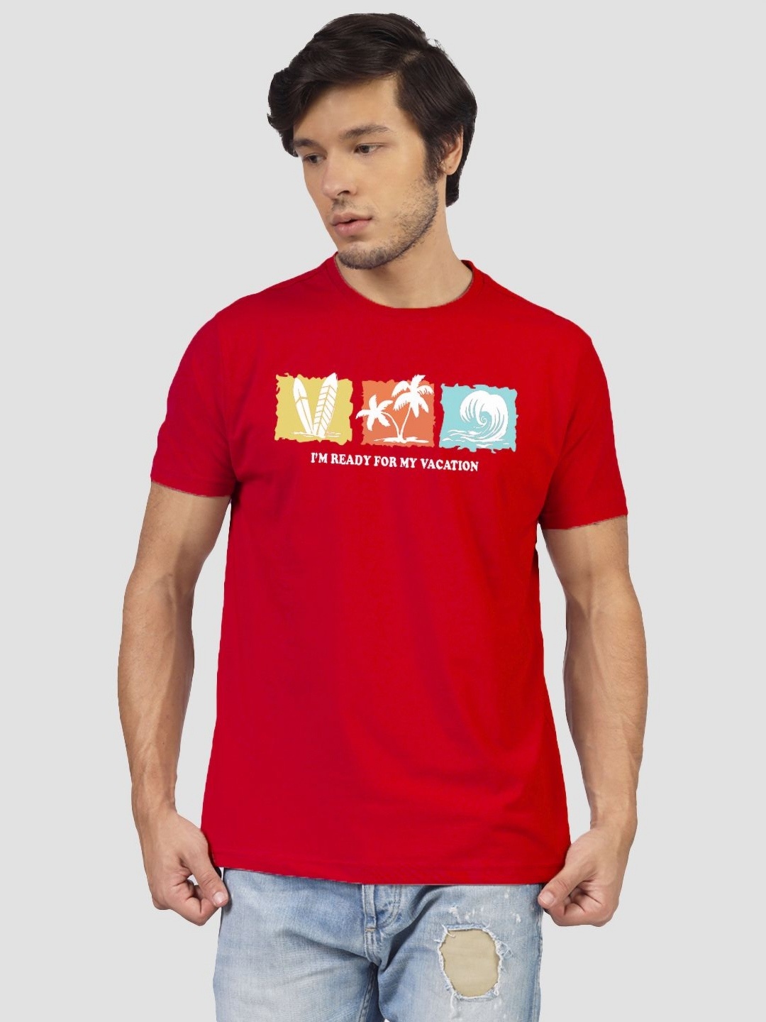 

Greylongg Men Graphic Printed Round Neck Cotton T-shirt, Red