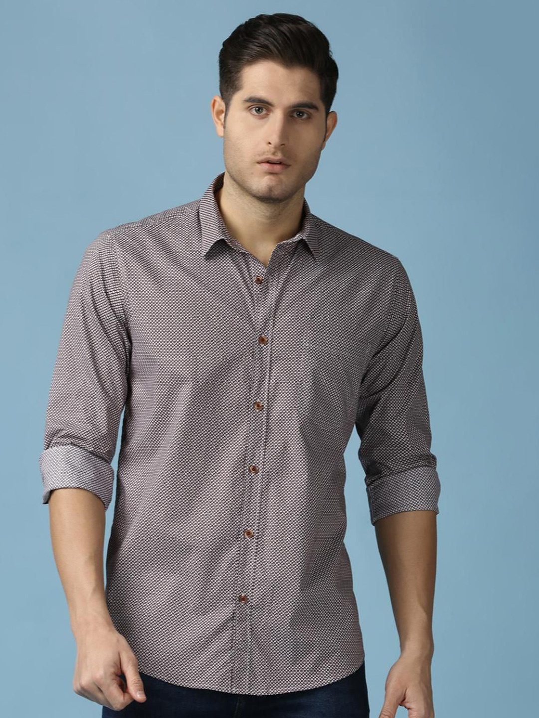 

SNX Men Spread Collar Micro Ditsy Printed Cotton Casual Shirt, White