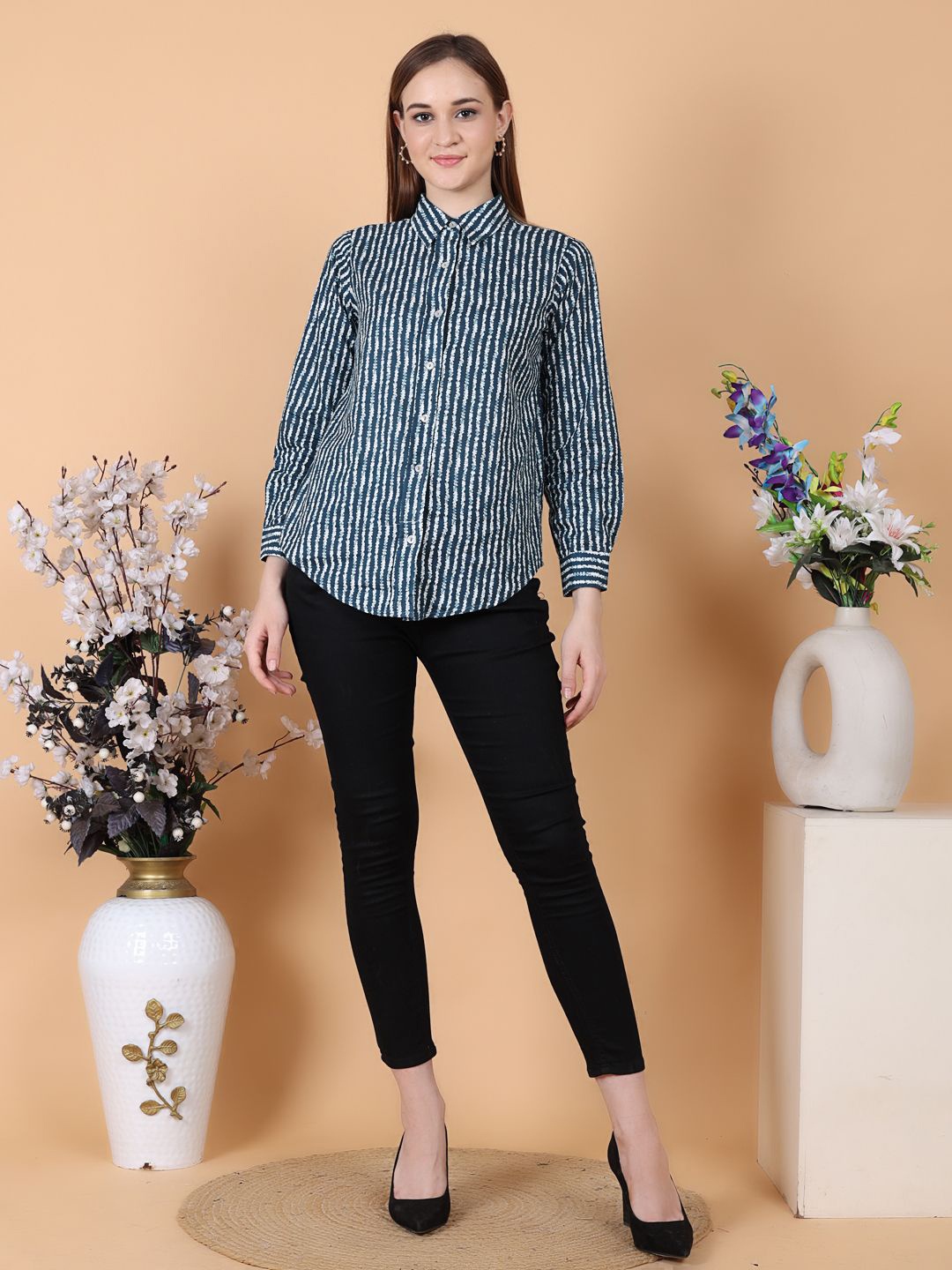 

Jivitha Women Cotton Shirt Style Longline Top, Blue
