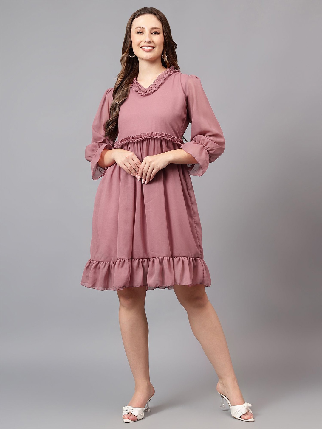

Bright Nex Women Puff Sleeve Ruffled Fit & Flare Dress, Peach
