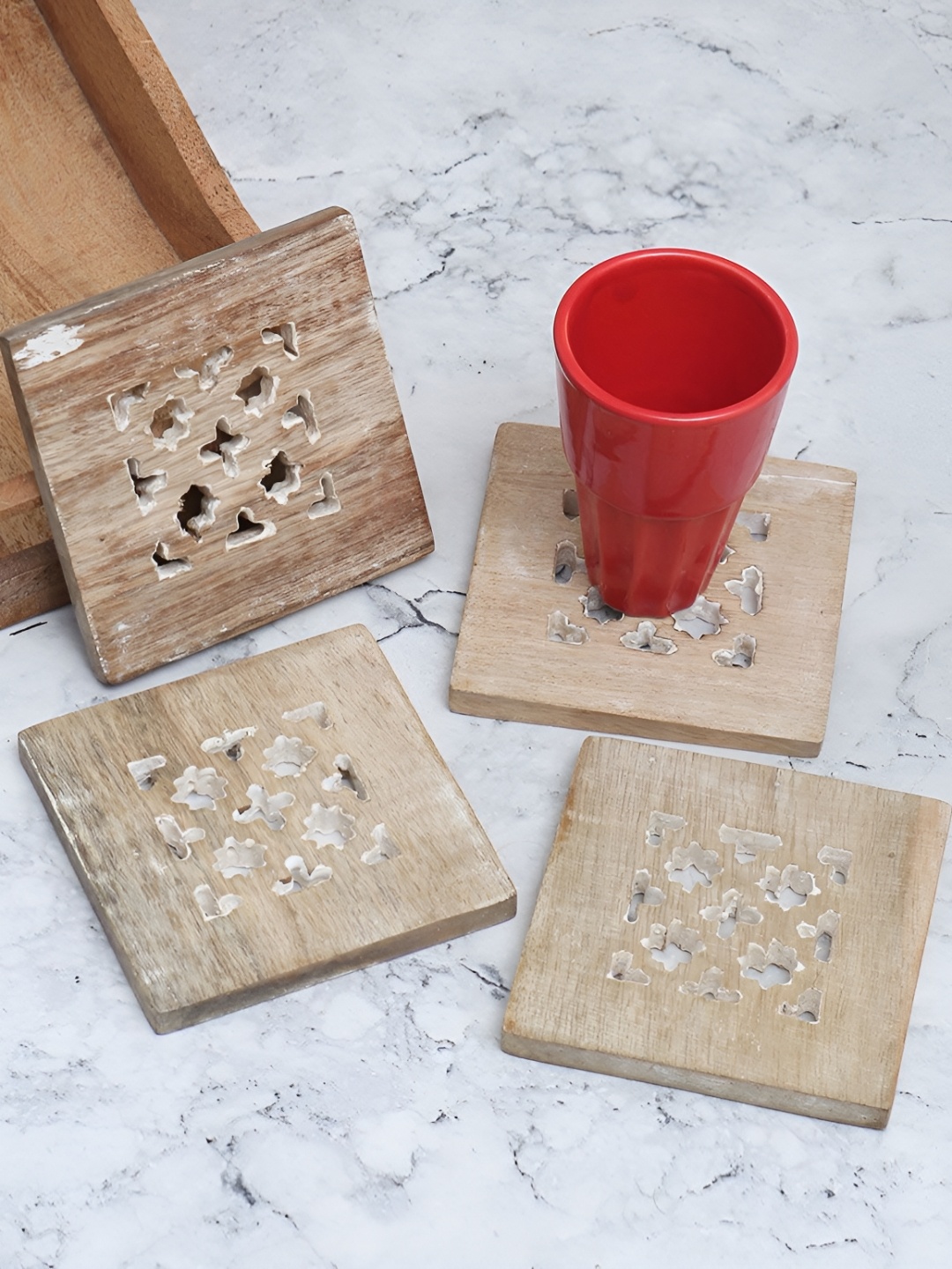 

Indianshelf Brown 4 Pieces Patterned Square Shaped Wooden Dining Table Coasters