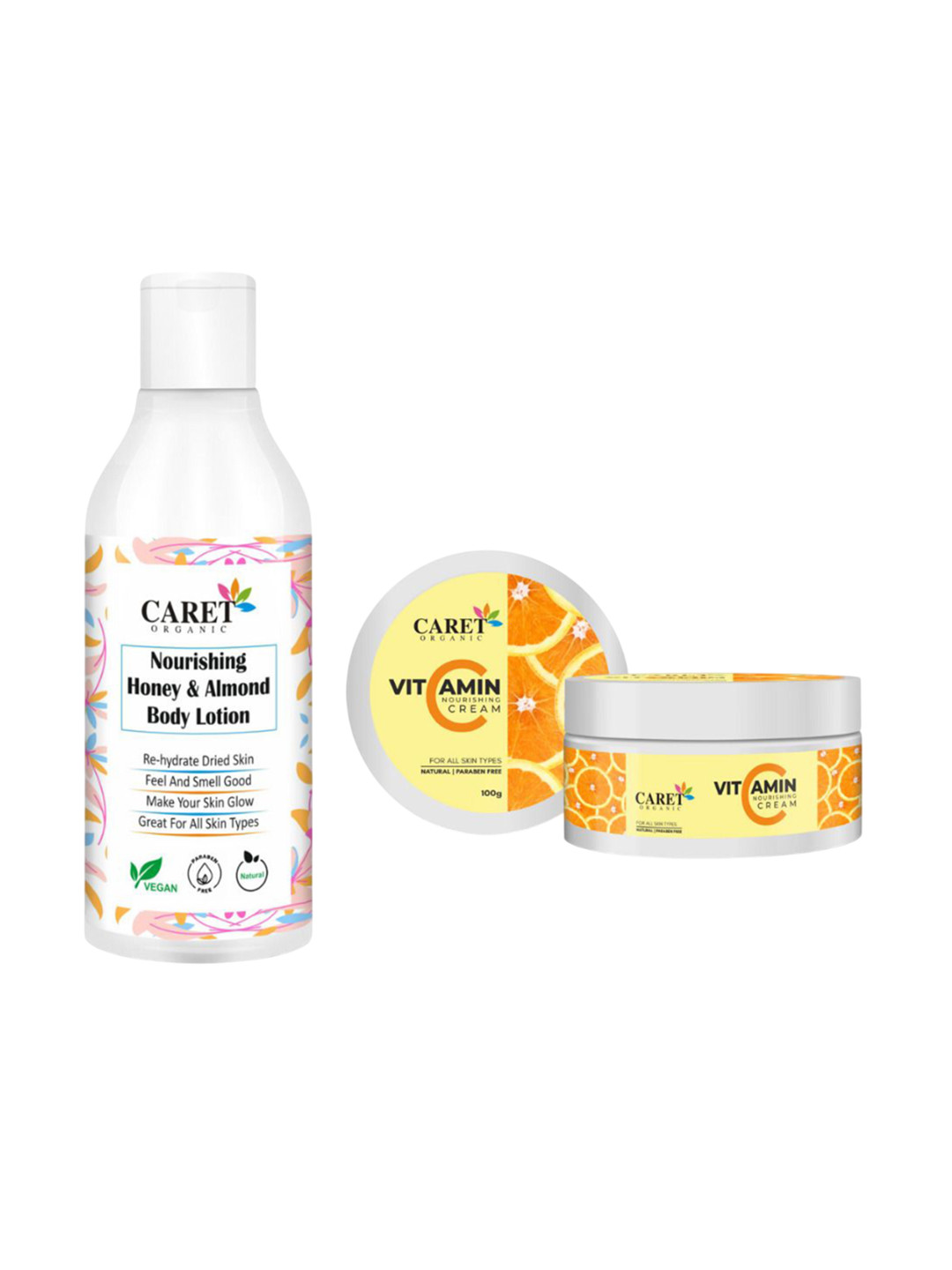 

CARET ORGANIC Set Of 2 Almond Body Lotion - 250 ml & Vitamin C Nourishing Cream - 100 g, White