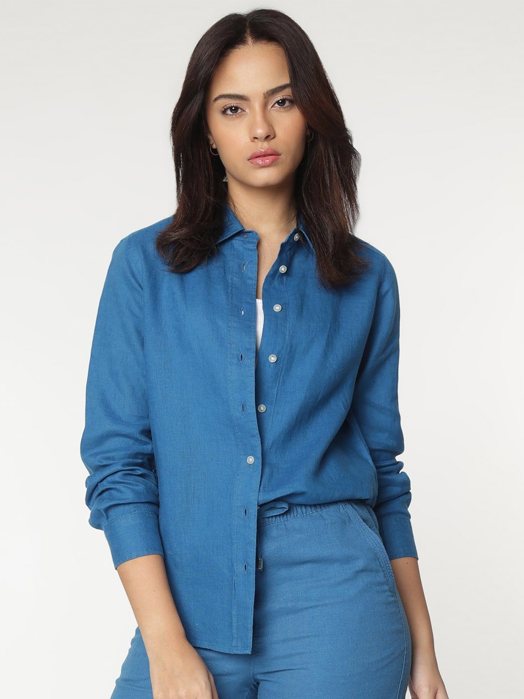 

Marks & Spencer Women Spread Collar Solid Linen Casual Shirt, Blue