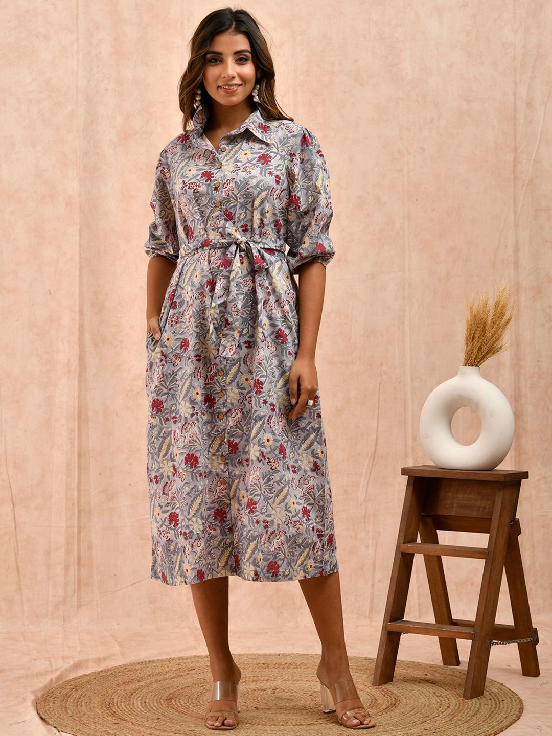 

Eco Clothing Floral Print Shirt Midi Dress, Grey