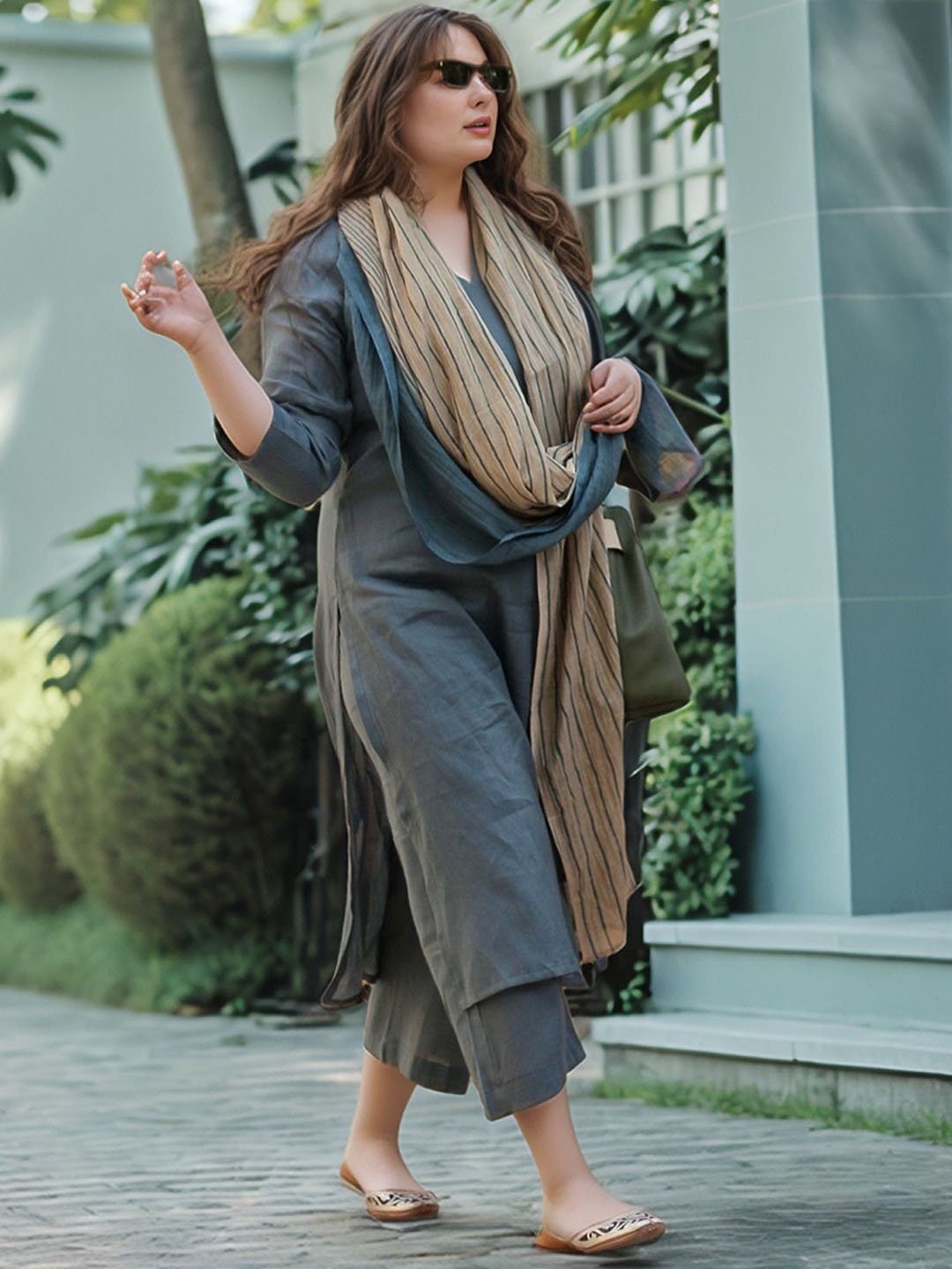 

Anni Designer V-Neck Straight Kurta With Palazzos And Dupatta, Grey