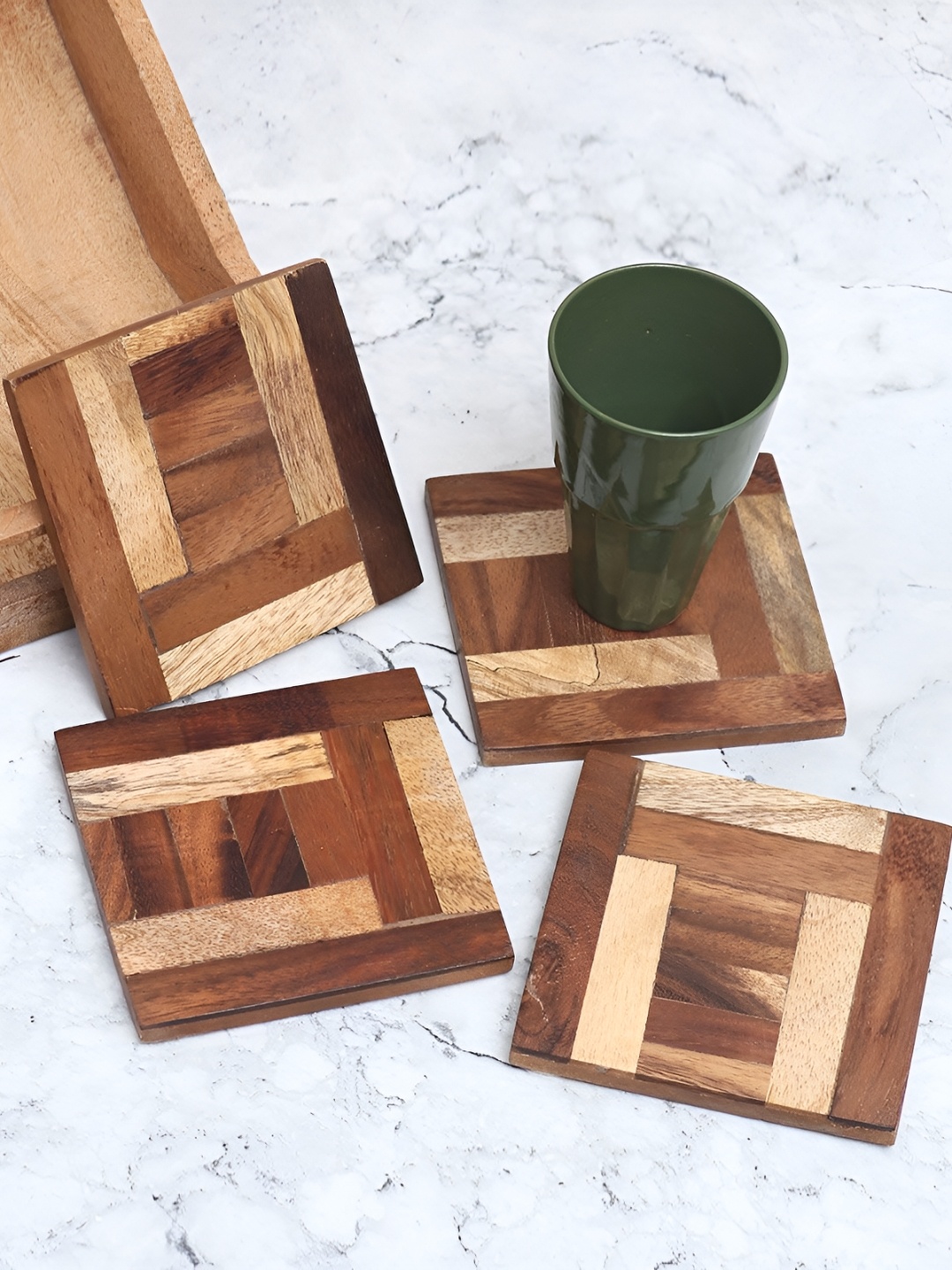 

Indianshelf Brown And Beige 4 Pieces Checked Printed Wood Square Coasters