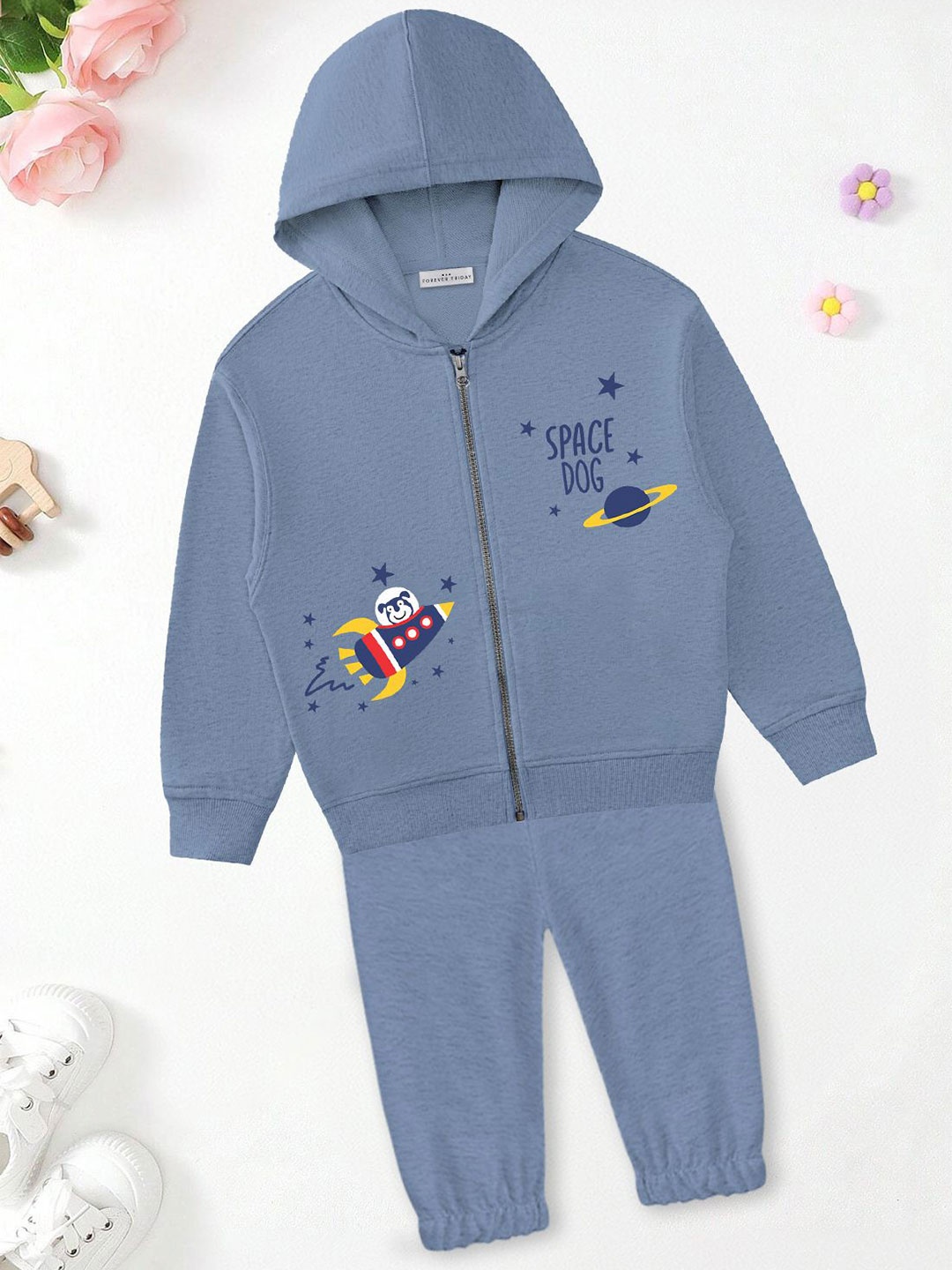 

FOREVER FRIDAY Boys Printed Hooded Pure Cotton Sweatshirt With Joggers, Blue