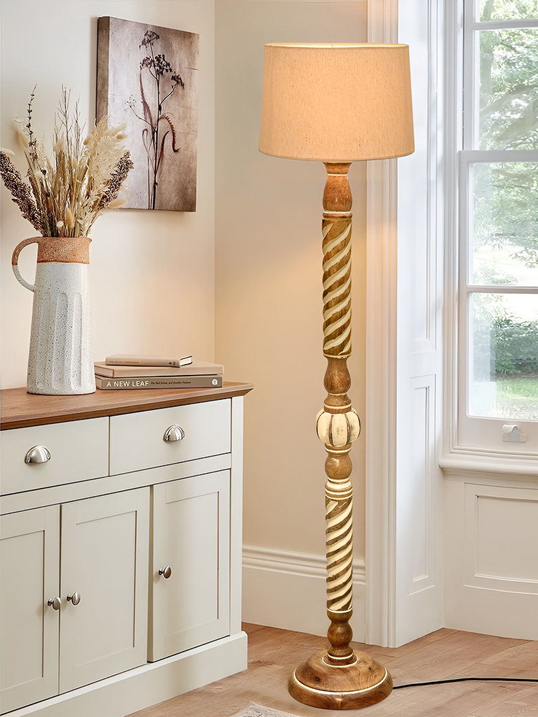 

Homesake Beige & Brown Frustum Shaped Wooden Floor Lamp