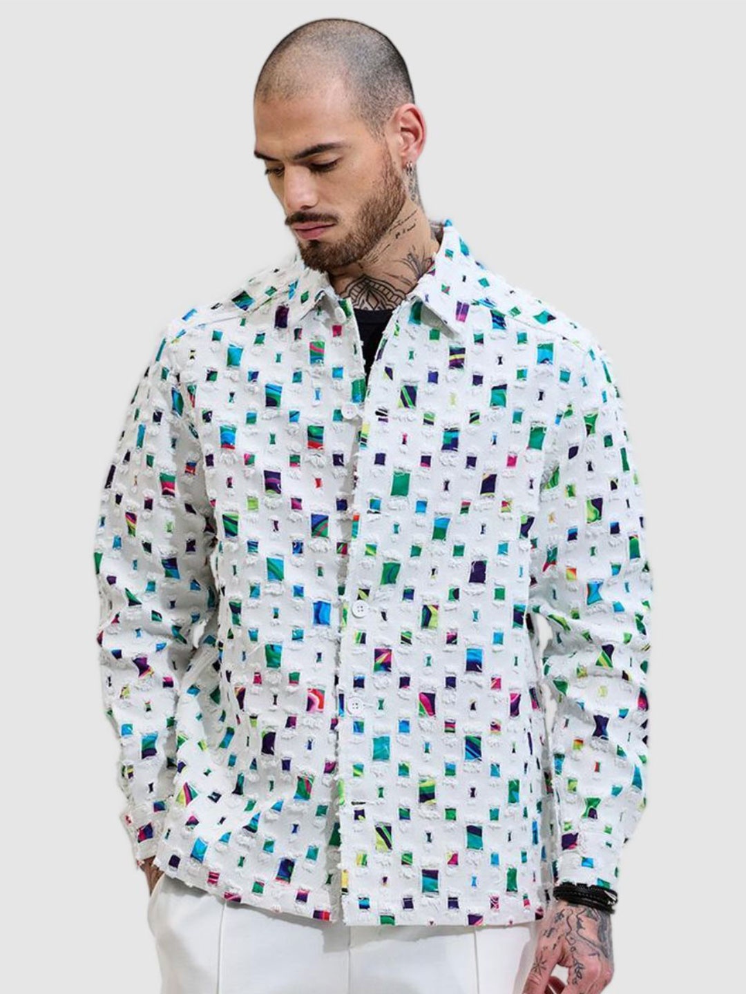 

Snitch Men Spread Collar Geometric Printed Cotton Casual Tailored Jacket, White