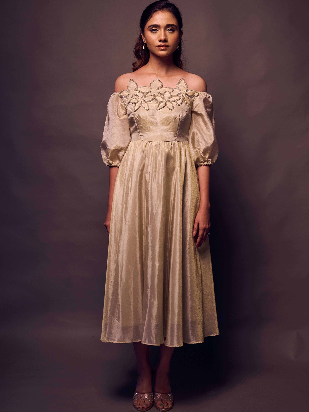 

WEAVING CULT Off-Shoulder Puff Sleeve Fit & Flare Midi Dress, Gold