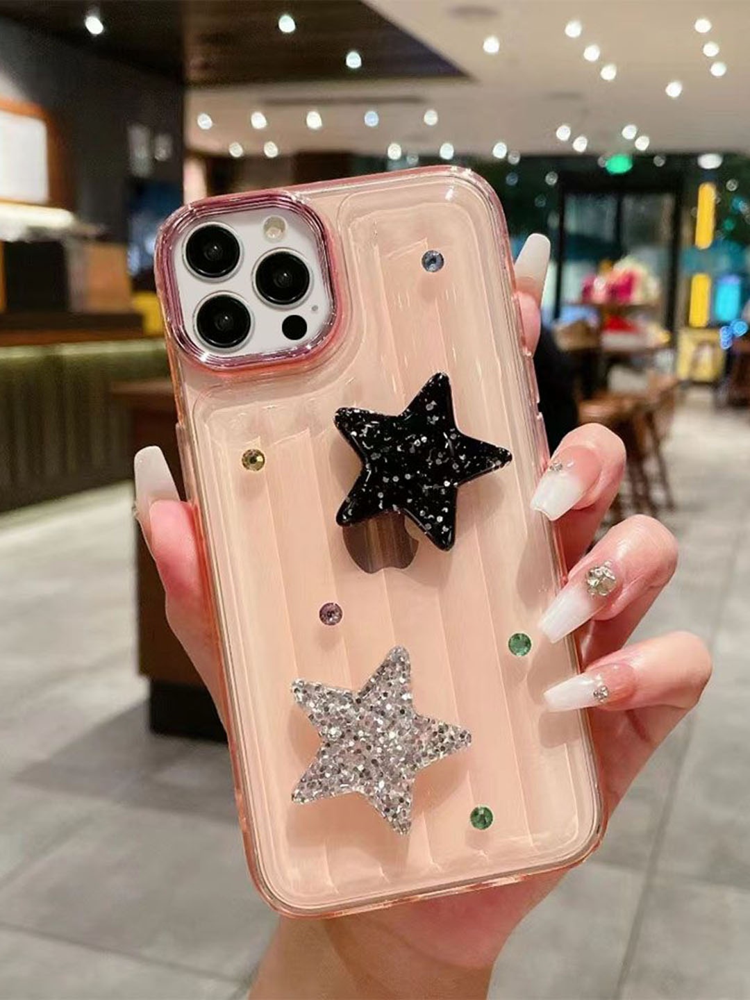 

Luxury Kase LK119 Solid iPhone 14 Pro Crystal Clear Bling Star Case Back Case, Peach