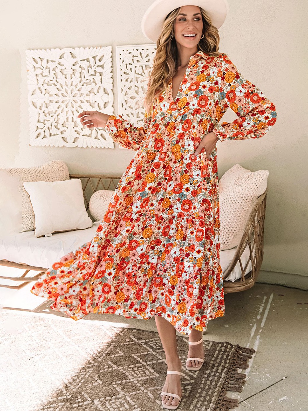 

Errabelly Women Floral Printed Puff Sleeves Fit and Flare Midi Dress, Orange
