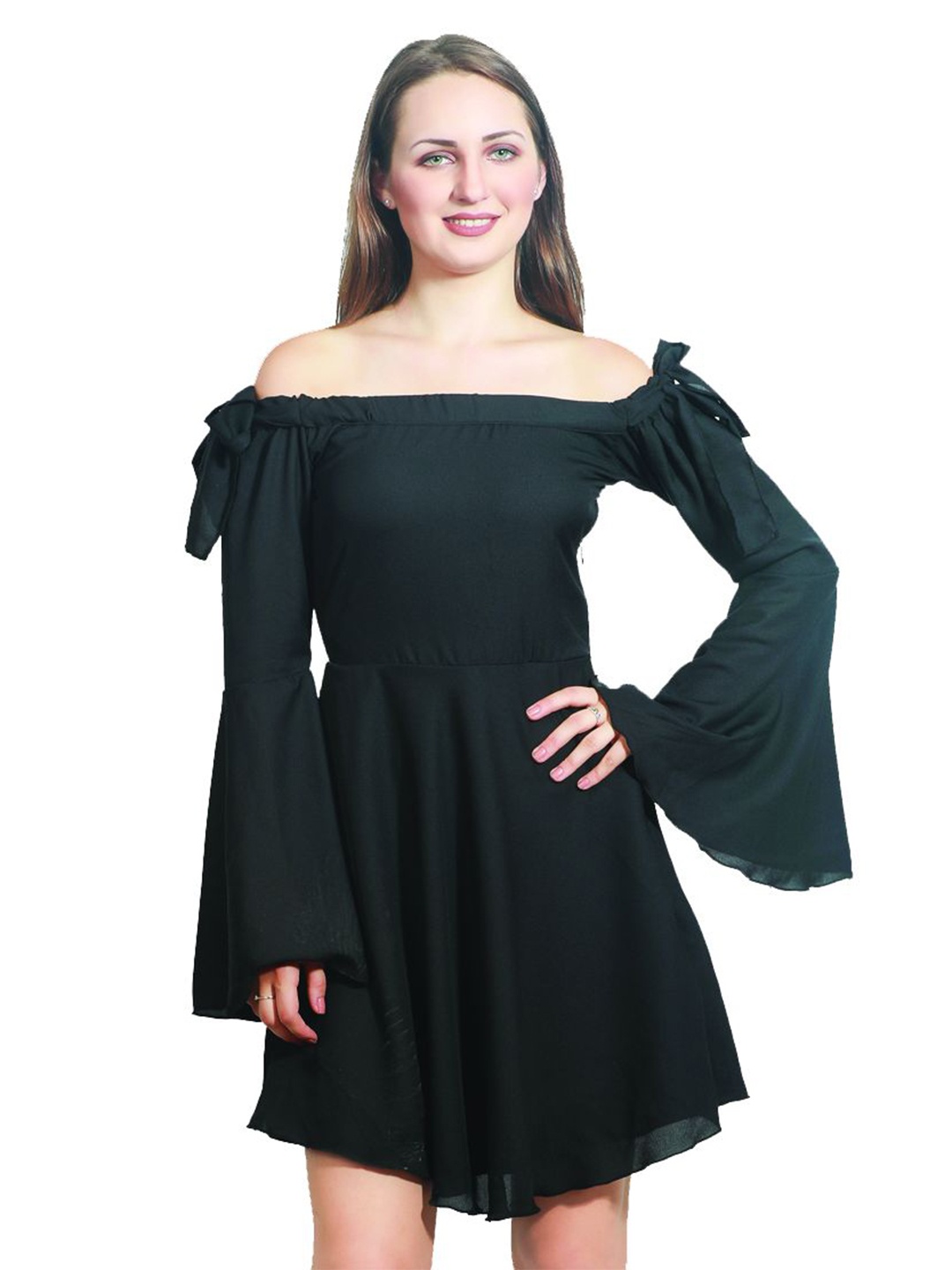 

DELIS Off-Shoulder Bell Sleeve Georgette Fit & Flare Dress, Black