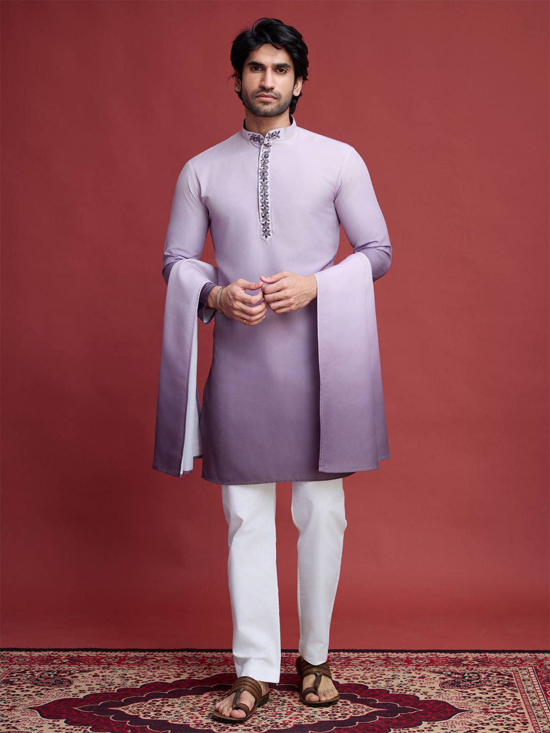 

ODETTE Men Ombre Regular Mirror Work Stitched Straight Kurta with Trousers & Dupatta, Purple
