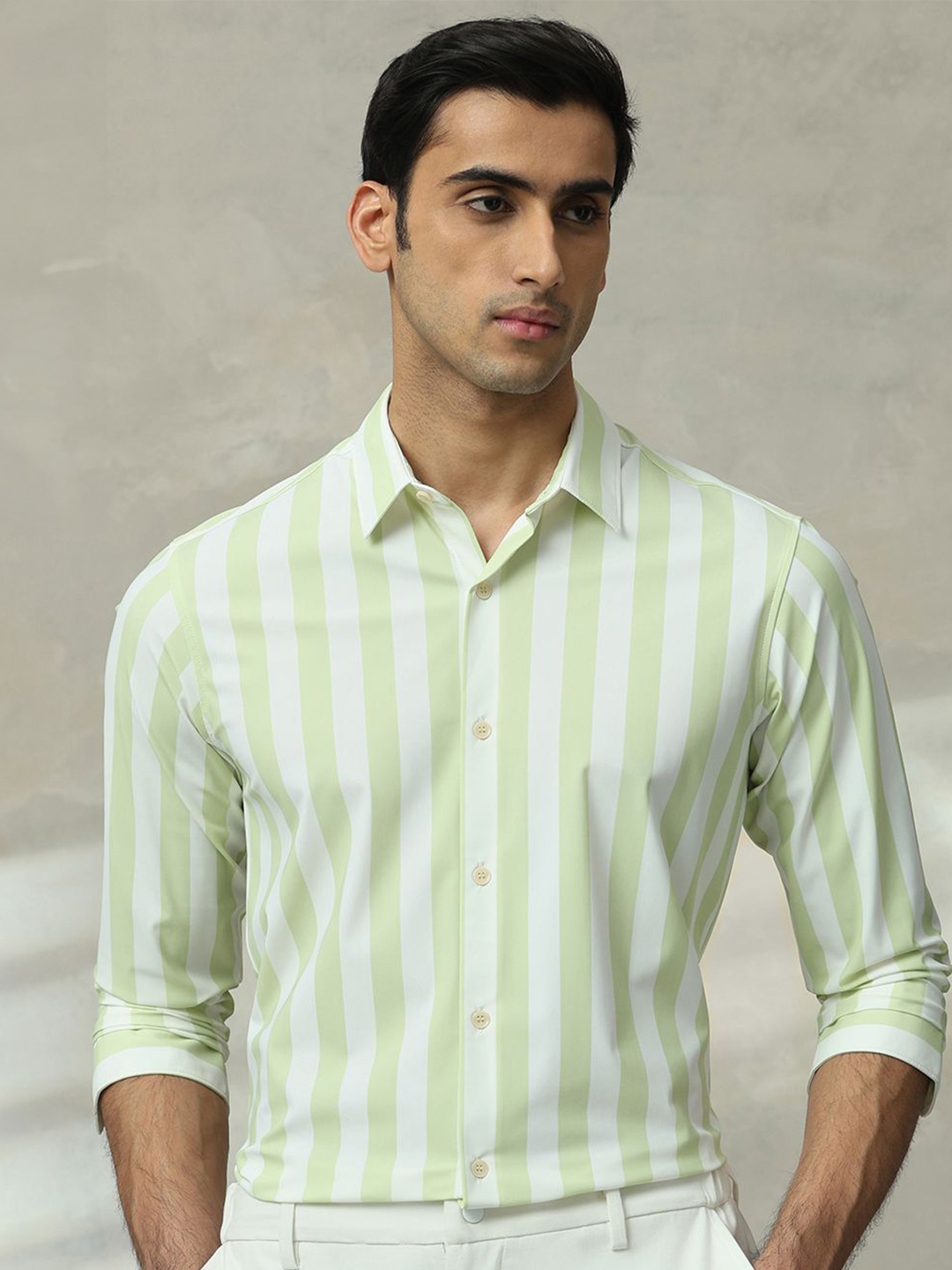 

Mufti Men Slim Fit Spread Collar Vertical Striped Casual Shirt, Green