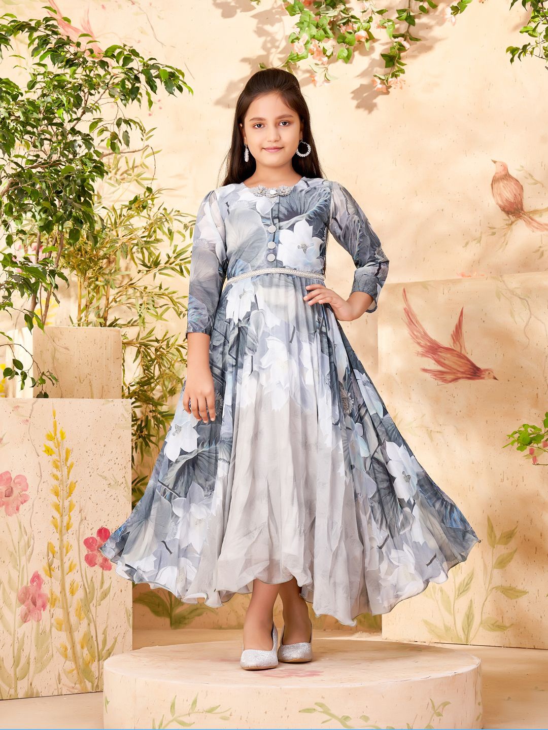 

YK Girls Floral Printed Georgette Fit & Flare Maxi Dress, Grey