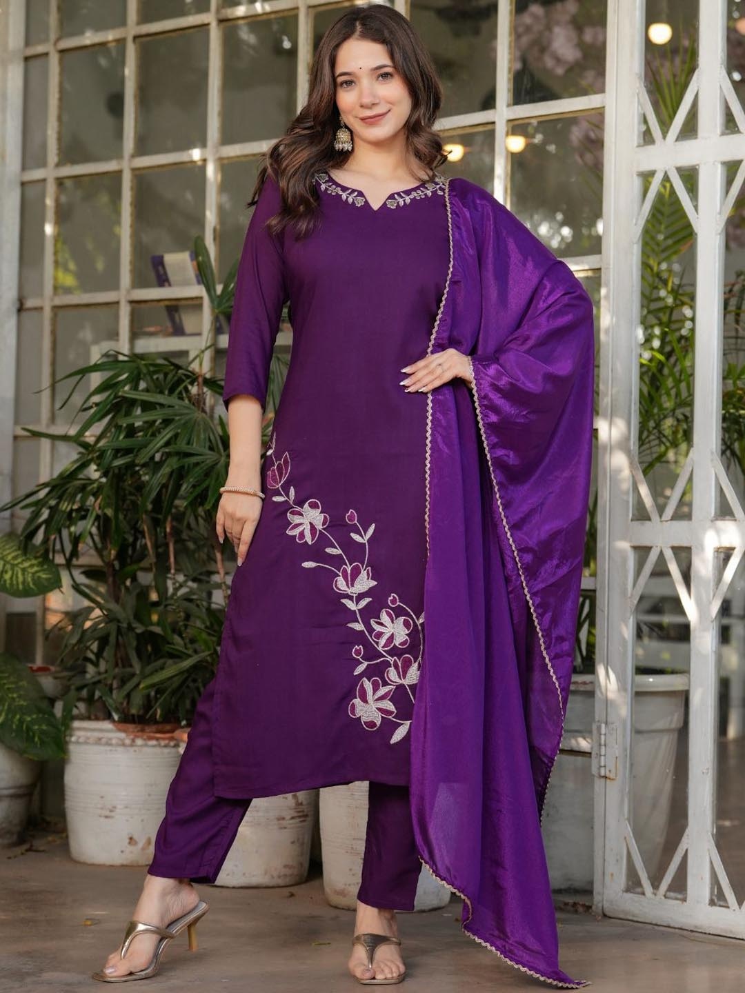 

KALINI Floral Embroidered Straight Notch-Neck Kurta With Trouser & Dupatta, Purple