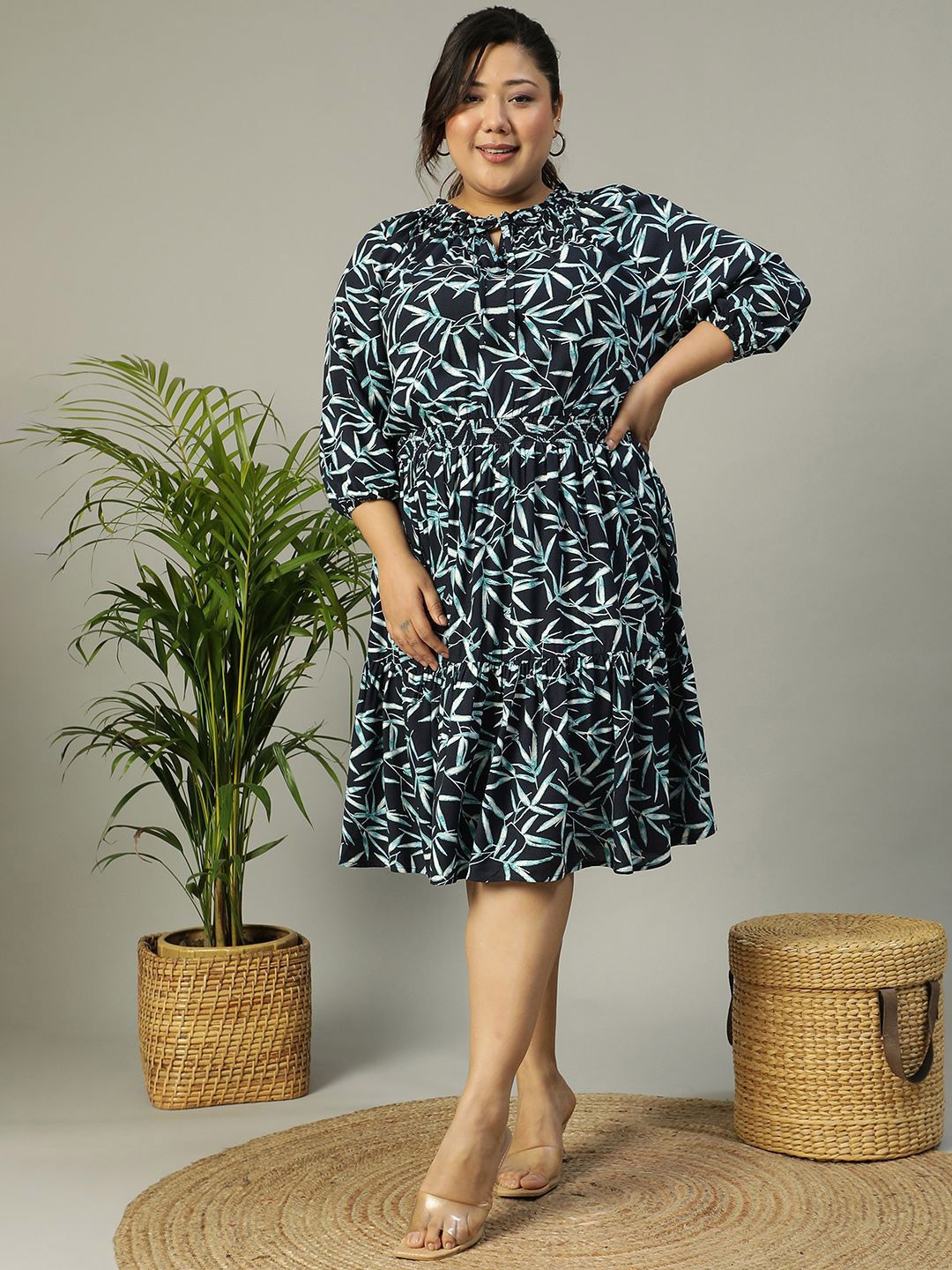 

Oxolloxo Plus Size Tropical Print 3/4 Sleeve Smocked Elasticated Rayon Dress, Blue