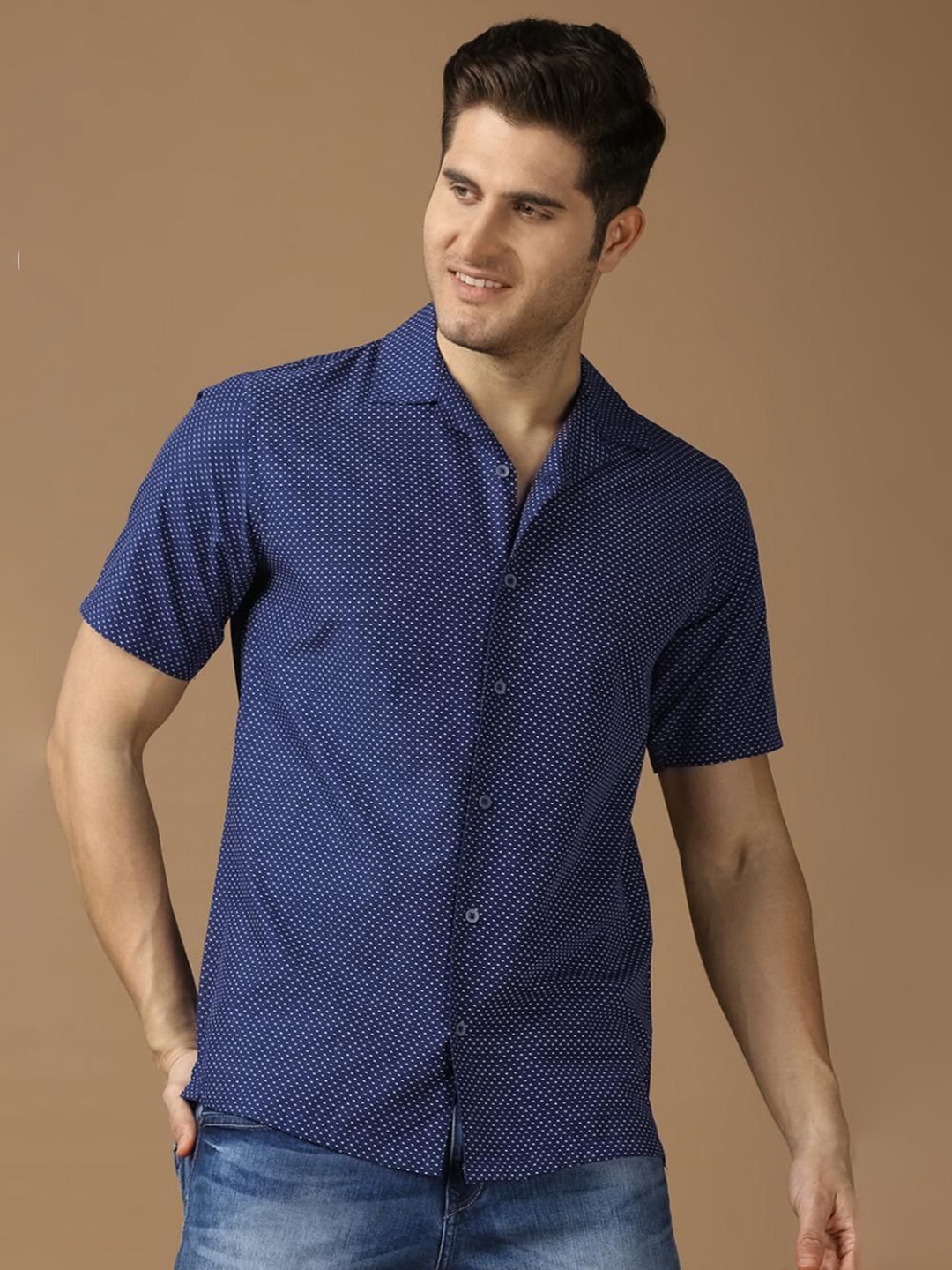 

SNX Men Cuban Collar Micro Ditsy Printed Slim Fit Cotton Casual Shirt, Blue