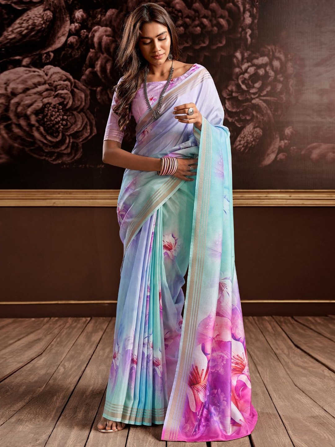 

DEVATITHI Floral Satin Saree, Blue