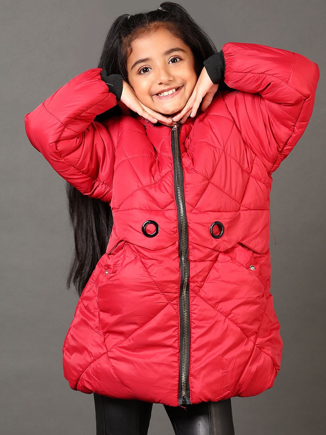 

V-Mart Girls Hooded Solid Cotton Casual Parka Jacket, Red