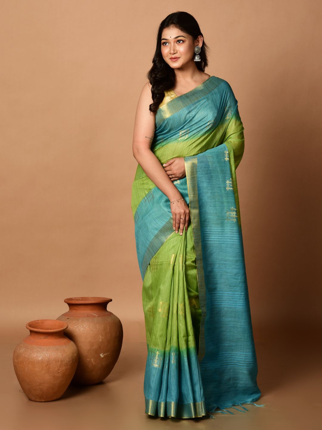 

Laa Calcutta Woven Design Zari Pure Silk Tussar Saree, Green