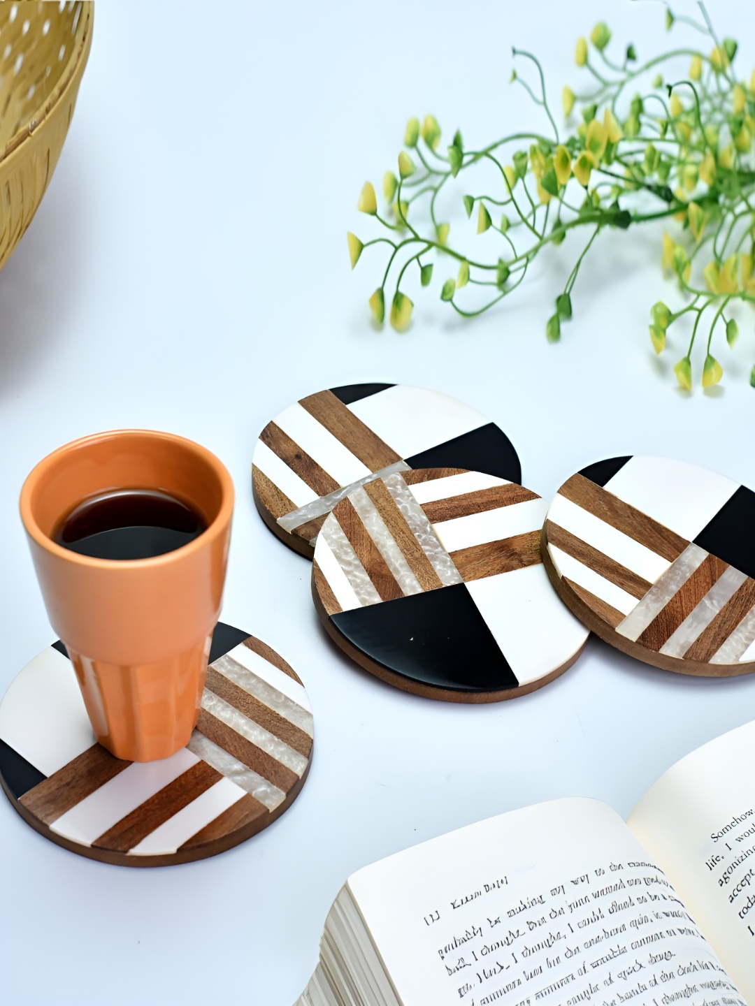 

Indianshelf Brown & White 4 Pieces Patterned Round Shaped Wooden Tea Coasters
