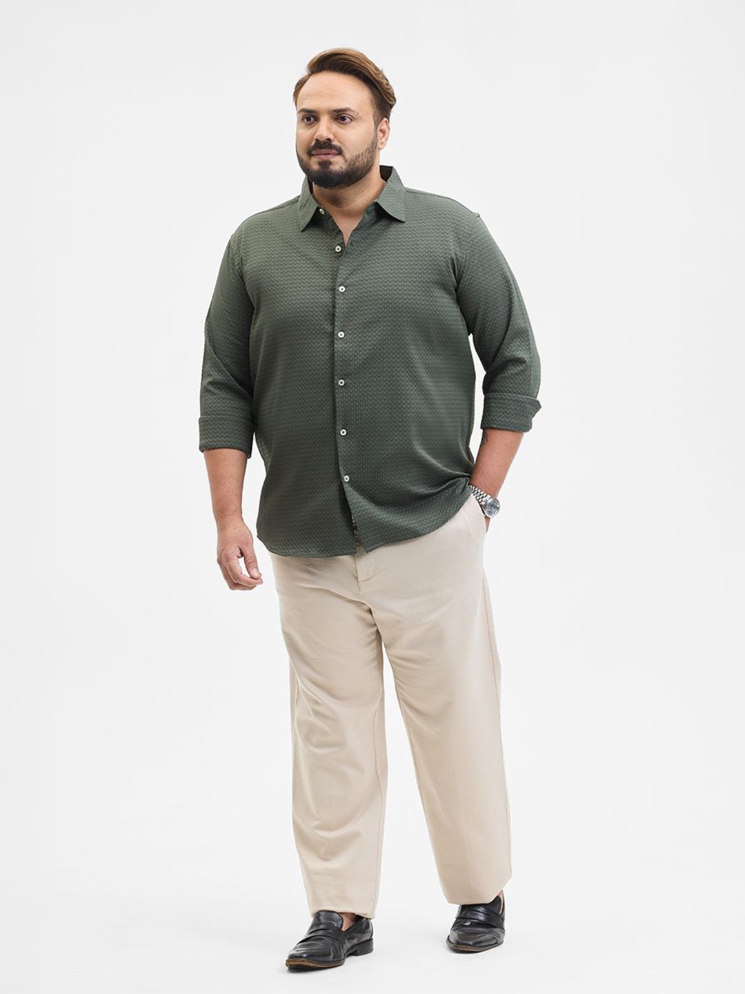 

Snitch Men Classic Fit Spread Collar Textured Casual Shirt, Olive