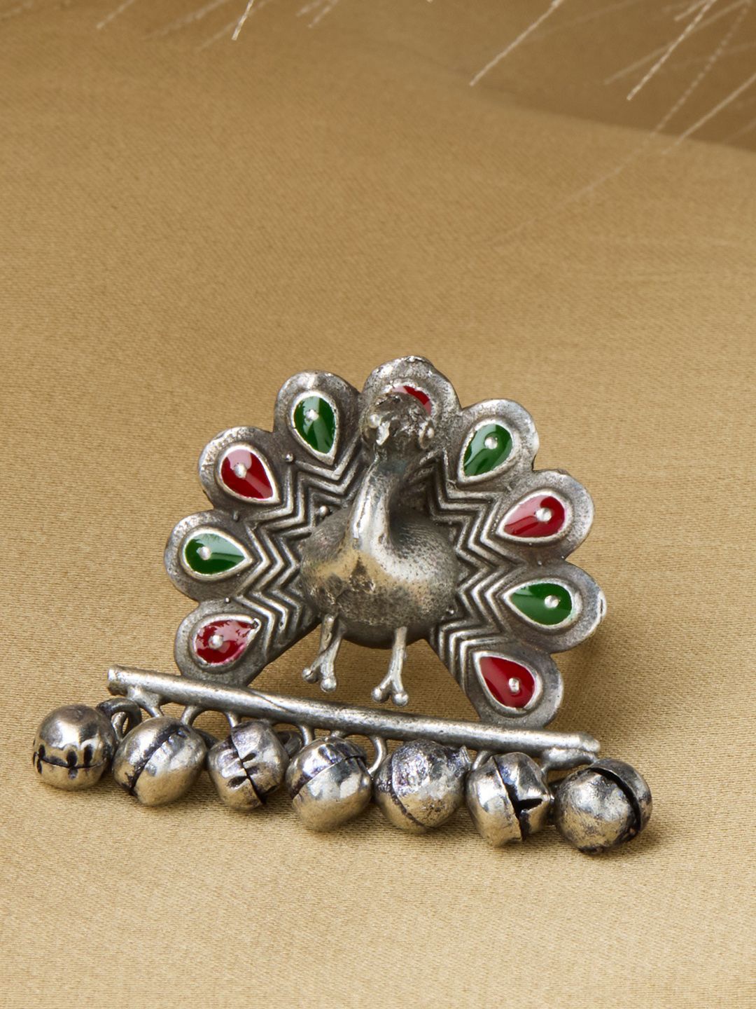 

Priyaasi Silver-Plated Stone Studded & Beaded Oxidized Meenakari Peacock Finger Ring